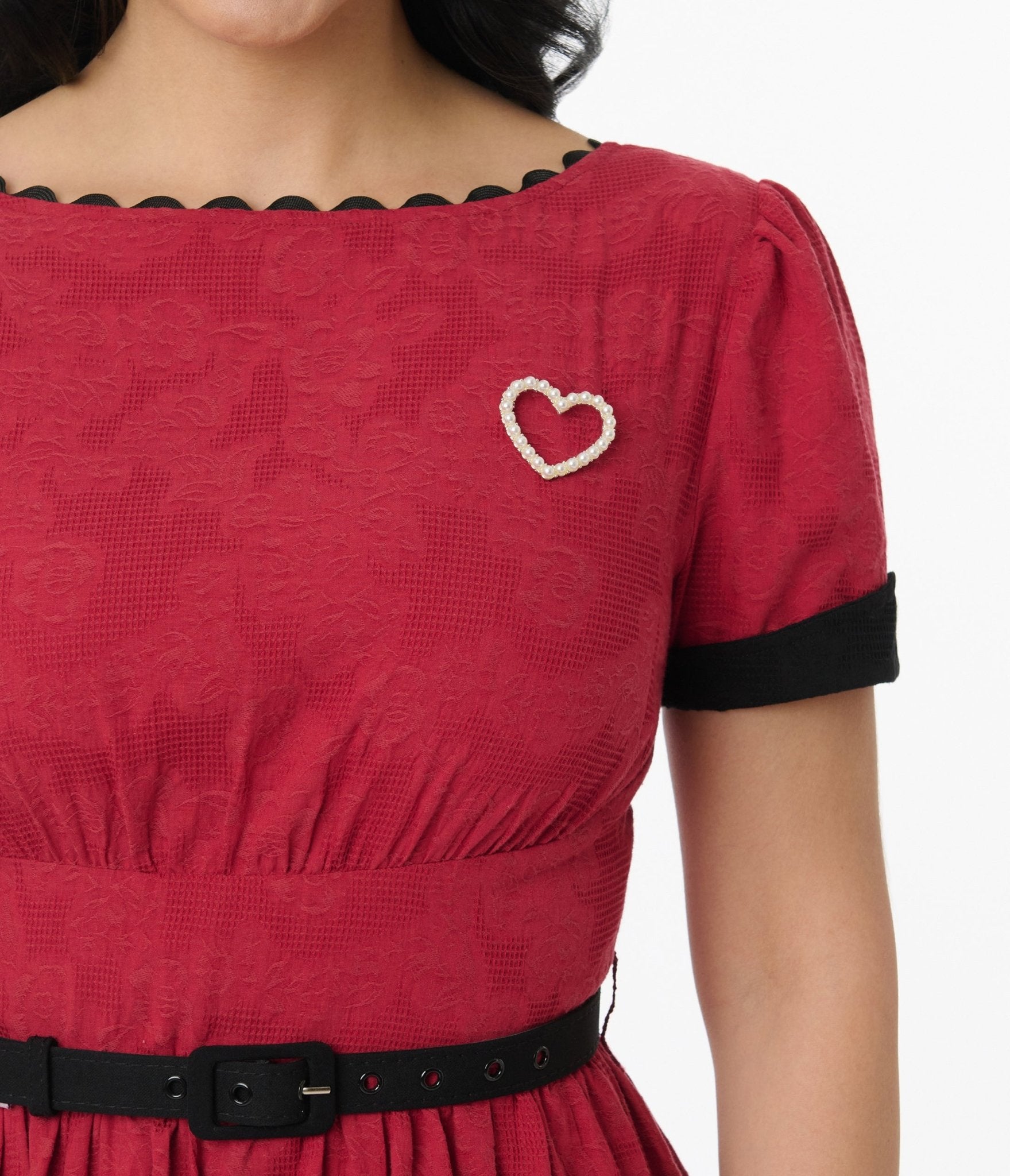Vintage 1950s Red Swing Dress with Faux Pearl Heart Pin - Retro Cotton A-Line Dress for Women - Perfect for Cocktail Parties, Date Nights & Vintage-Themed Events