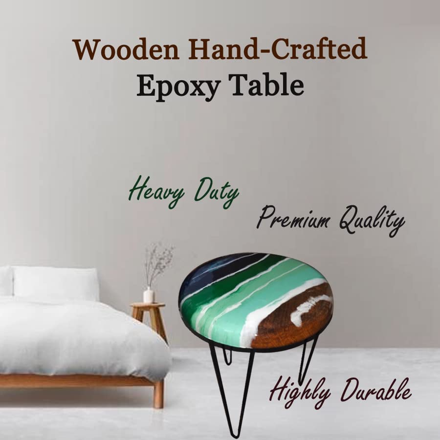 Handmade Epoxy Resin River Table with Wood & Turquoise - Modern Round Dining Table with Iron Legs - Glossy Finish for Living Room, Office, or Restaurant Decor
