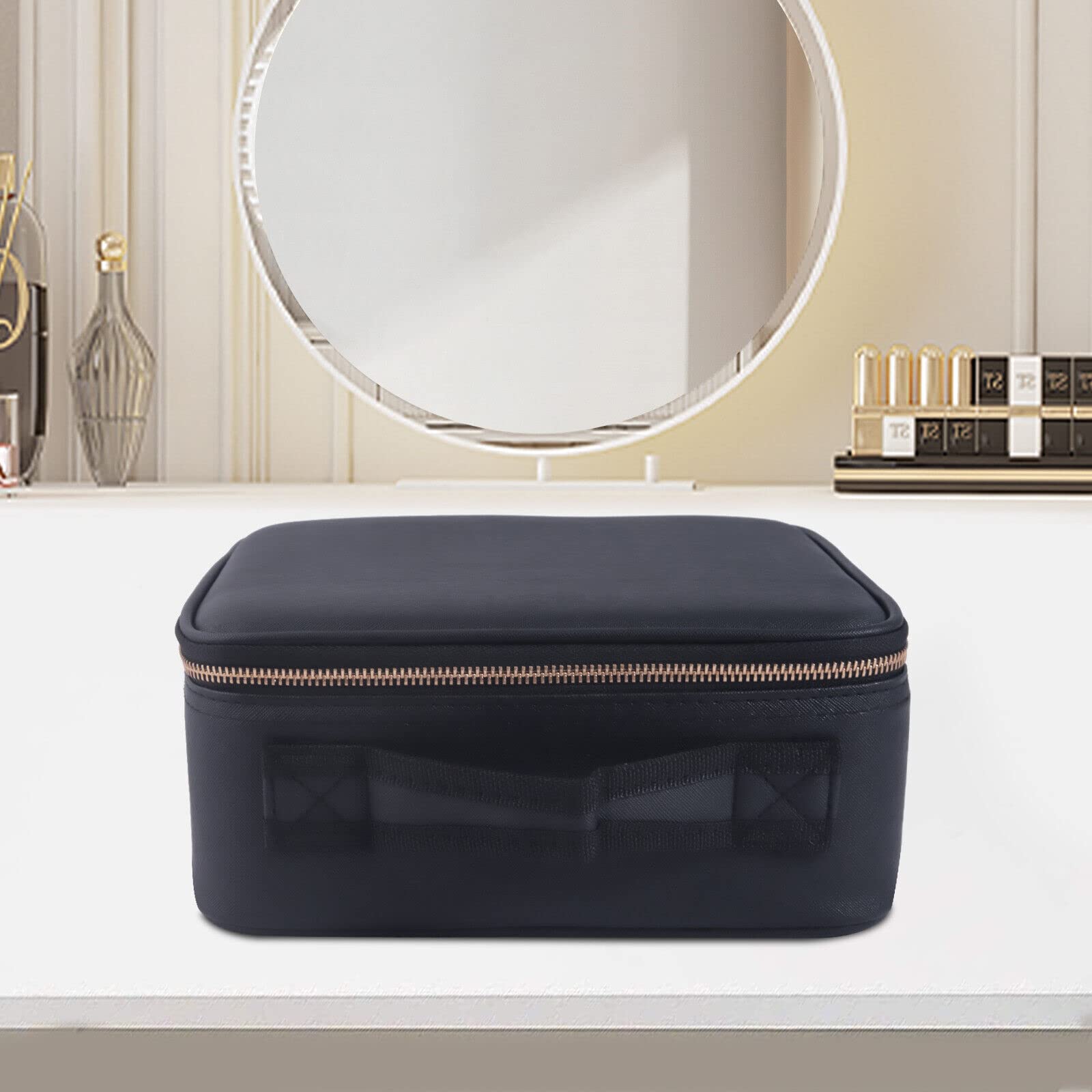 Portable Makeup Train Case with Mirror & Brush Storage - Black | Travel & Professional Use
