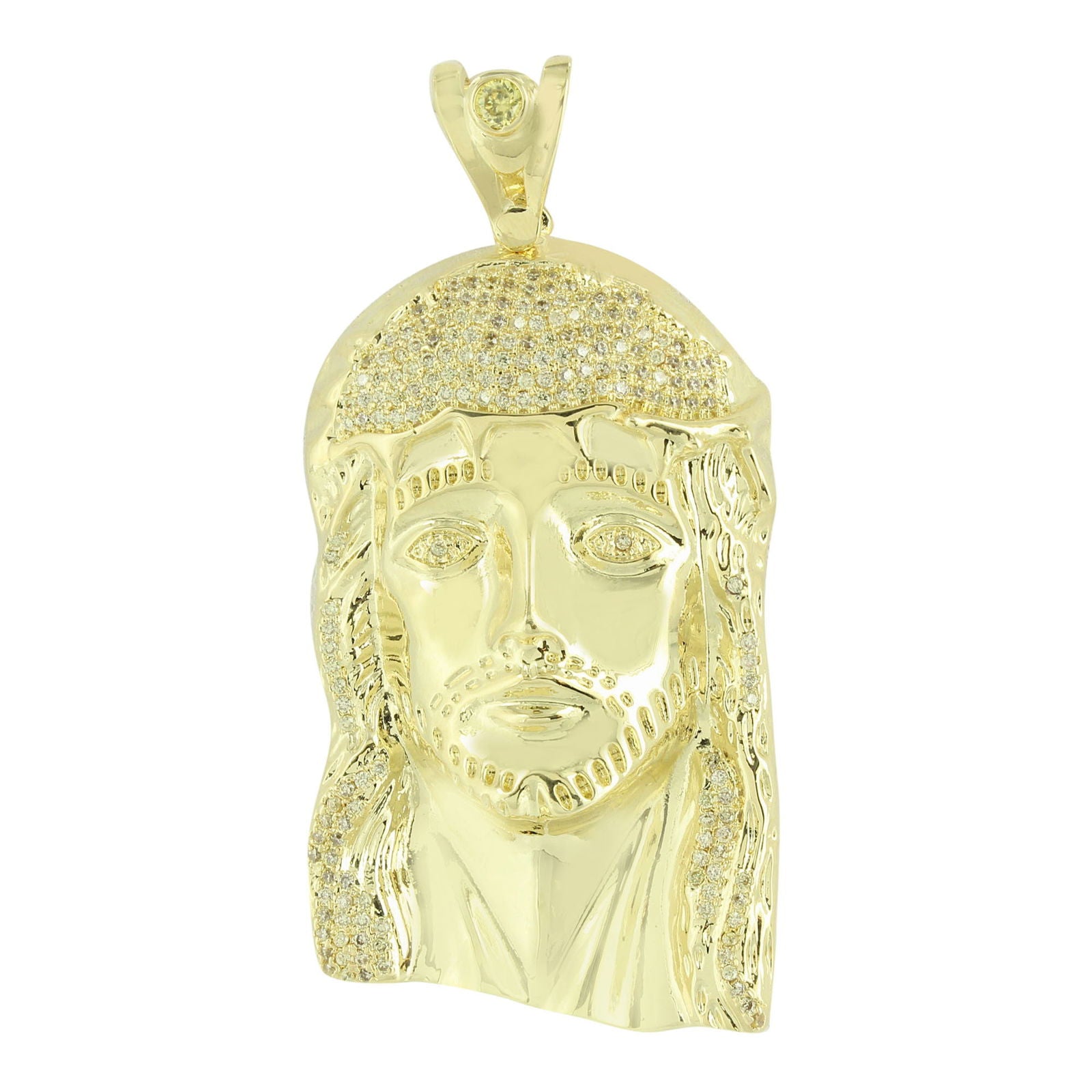 Jesus Face Pendant Necklace - 14K Yellow Gold Plated with Round Cut Simulated Diamonds - Perfect for Religious Gifts, Baptism, First Communion & Everyday Faith Jewelry