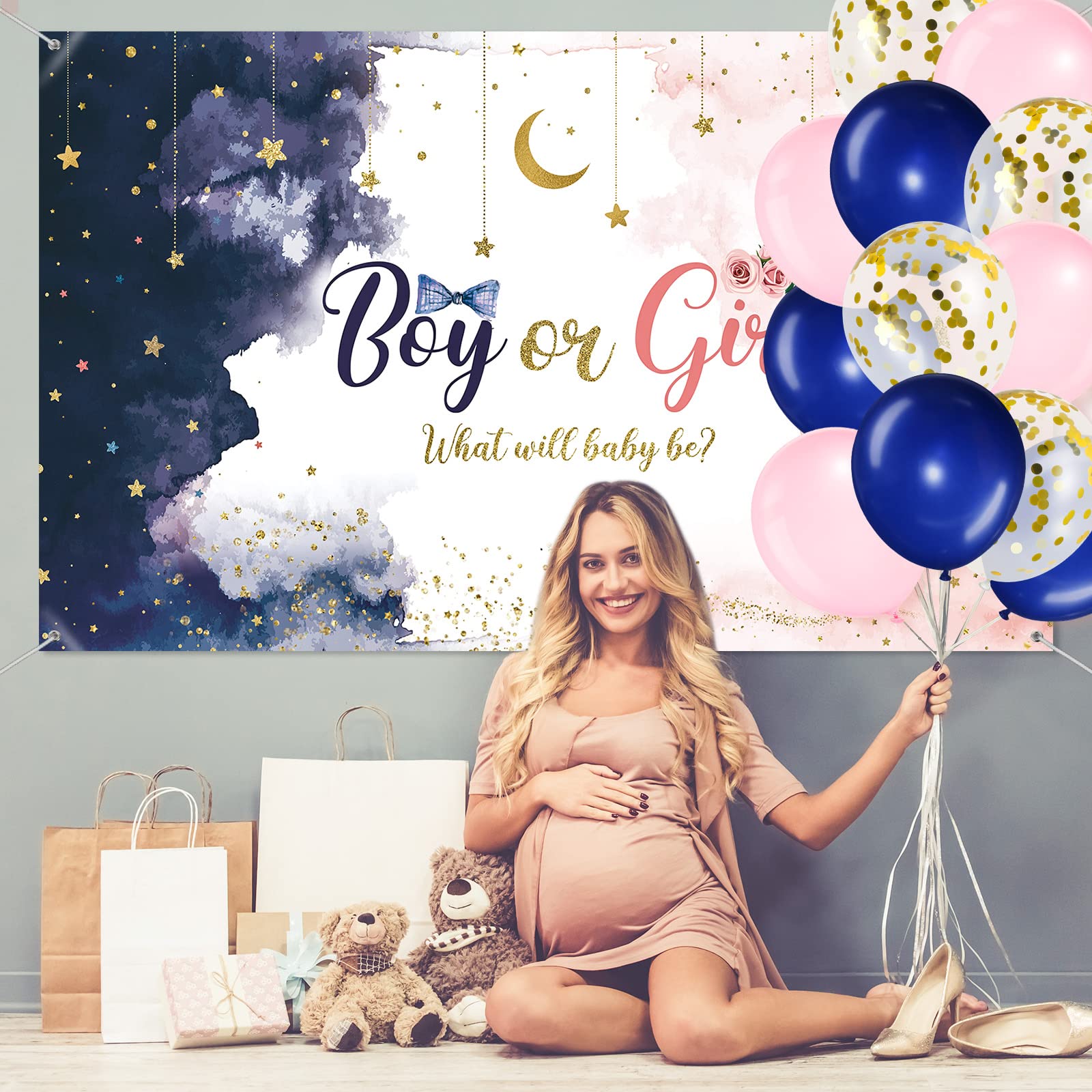 Gender Reveal Party Decorations Kit - Navy Blue & Blush Pink Balloons, Photography Backdrop Banner for Baby Shower - Boy or Girl Theme Party Supplies | Perfect for Baby Showers, Gender Reveals & Photo Sessions