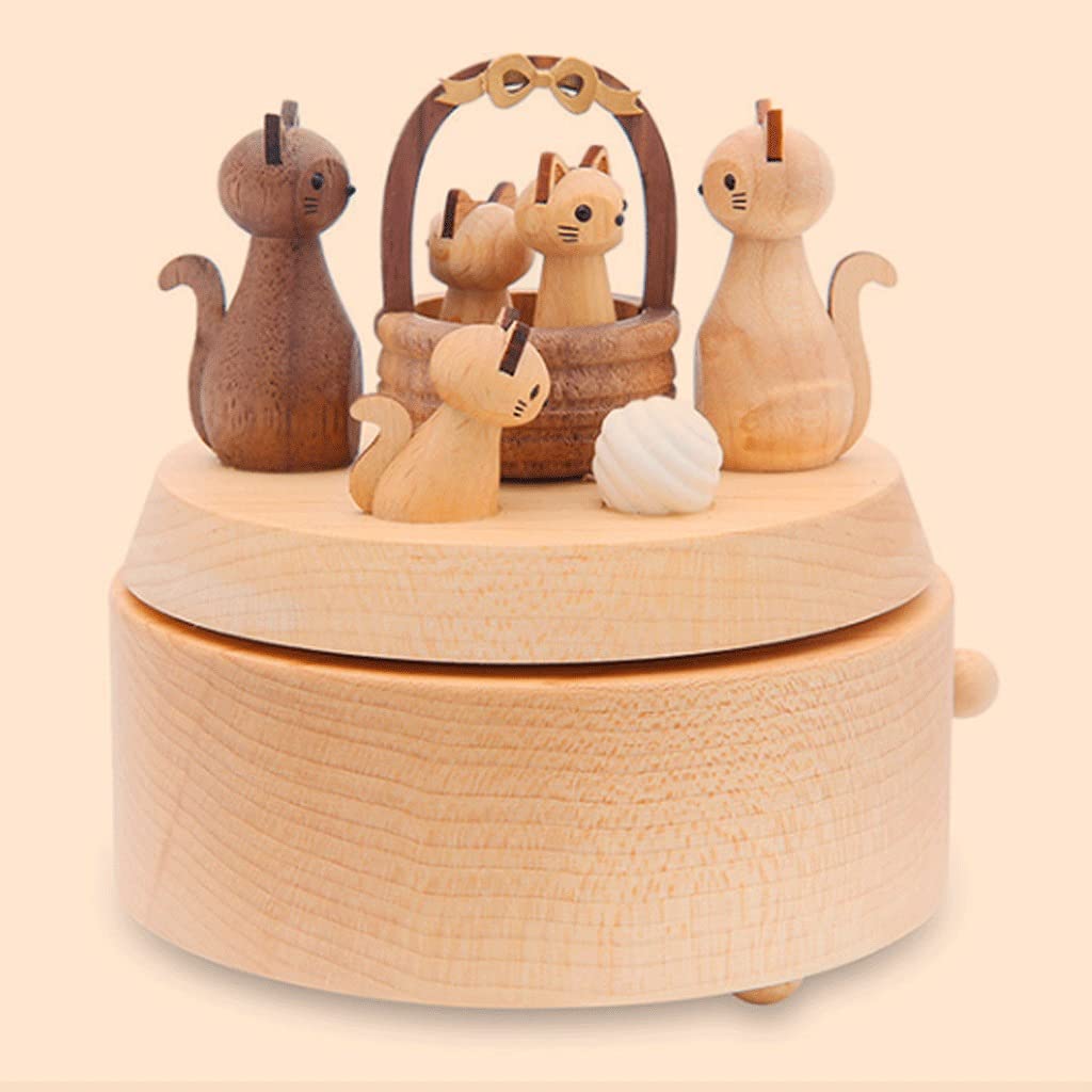 Handcrafted Wooden Rotating Music Box with Cat Design - Perfect Birthday, Valentine's Day Gift for Friends & Couples | Home Decor, Wedding Favors, Nursery Room Decoration (Size A)
