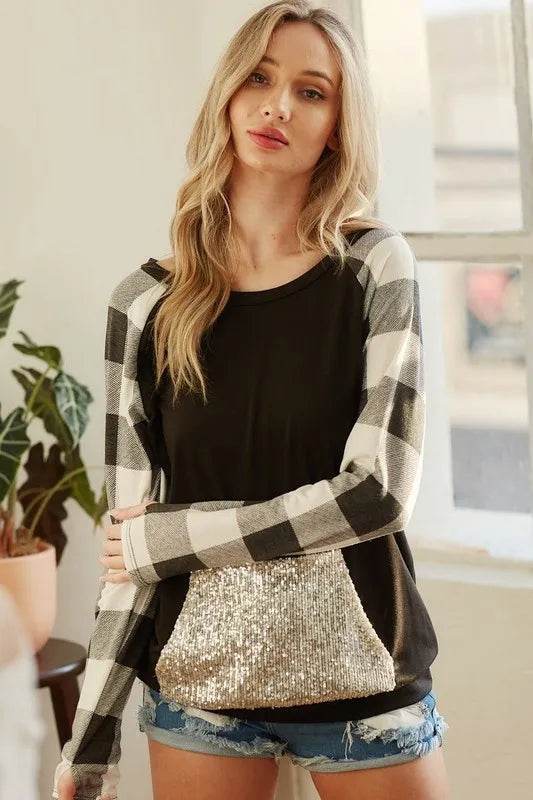BiBi French Terry Top with Sequins Kangaroo Pocket - Stylish Women's Casual Pullover for Everyday Wear, Lounge & Outings