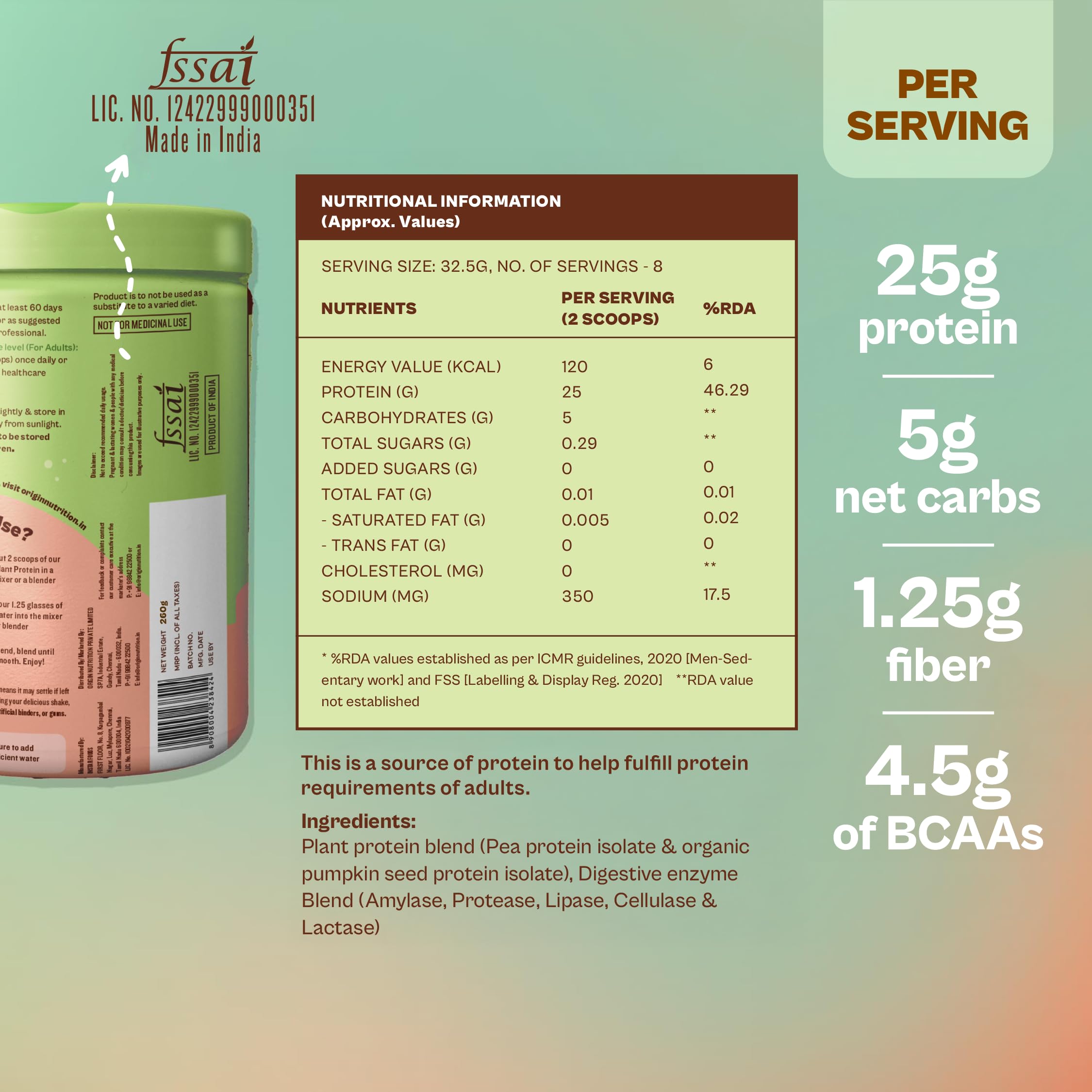 Origin Nutrition 100% Natural Unflavored Plant Protein Powder - 25g Plant-Based Protein per Serving, Gluten Free, Dairy Free, No Added Sugar, Soy Free, Non-GMO, Vegan & Jain Friendly (260g, 8 Servings) - Perfect for Smoothies, Baking & Post-Workout Recovery