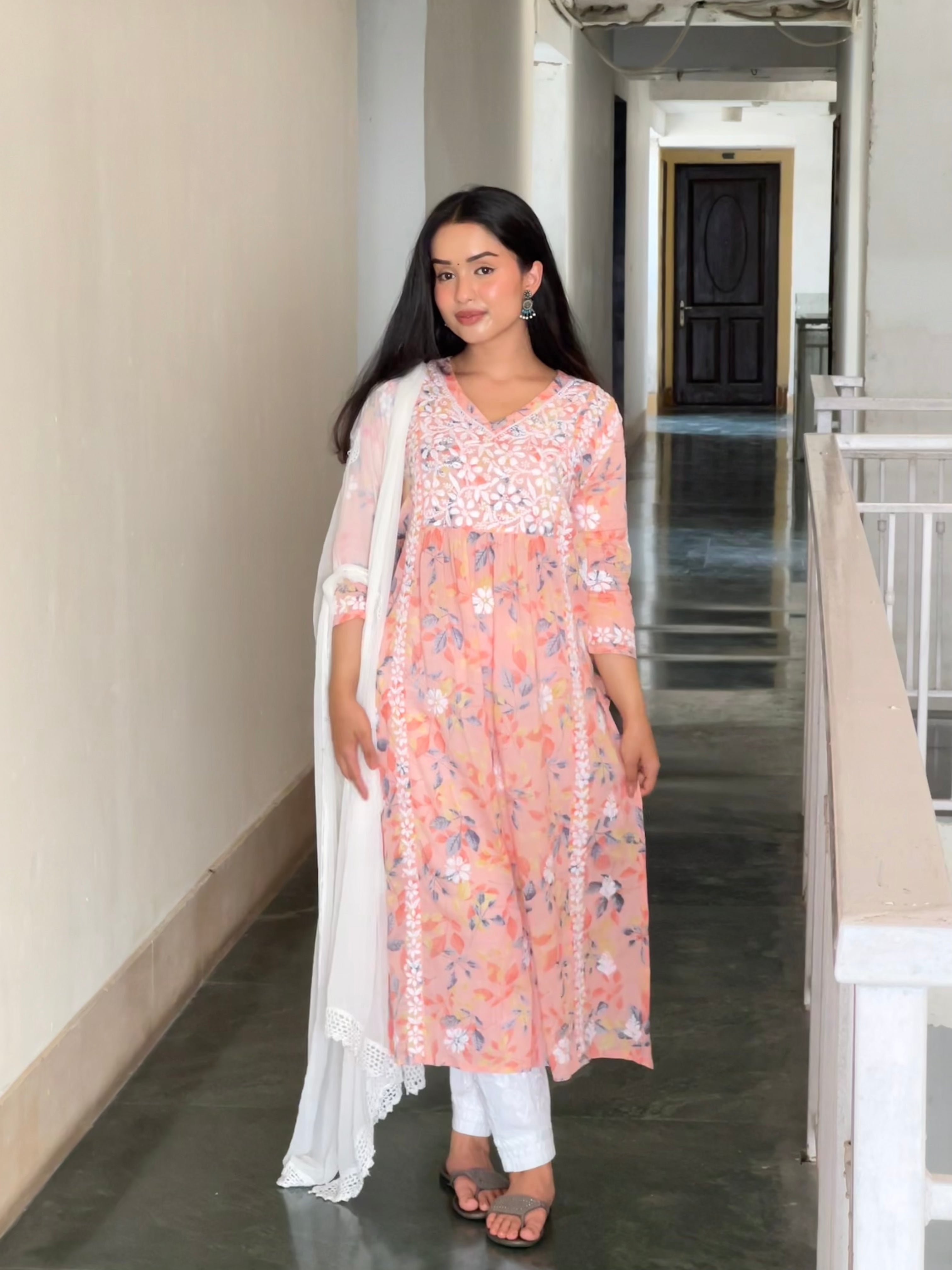 Sukruti Mul Printed Hand Embroidery Chikankari Kurta for Women - Peach Floral Design Cotton Tunic Top | Perfect for Casual Wear, Festivals & Ethnic Occasions