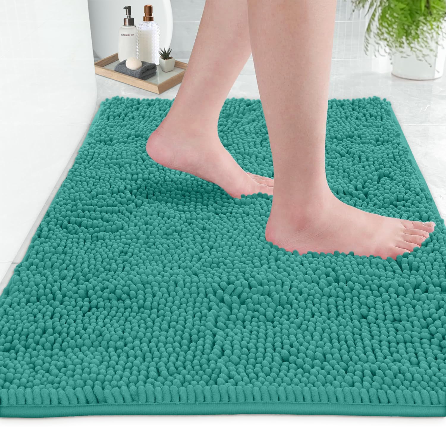 Ultra Soft Chenille Plush Bath Rugs - Non Slip Microfiber Floor Mats for Bathroom, Kitchen, Entryway & Living Room - 30x20 Inches Turquoise - Perfect for Cozy Home Decor & High Traffic Areas