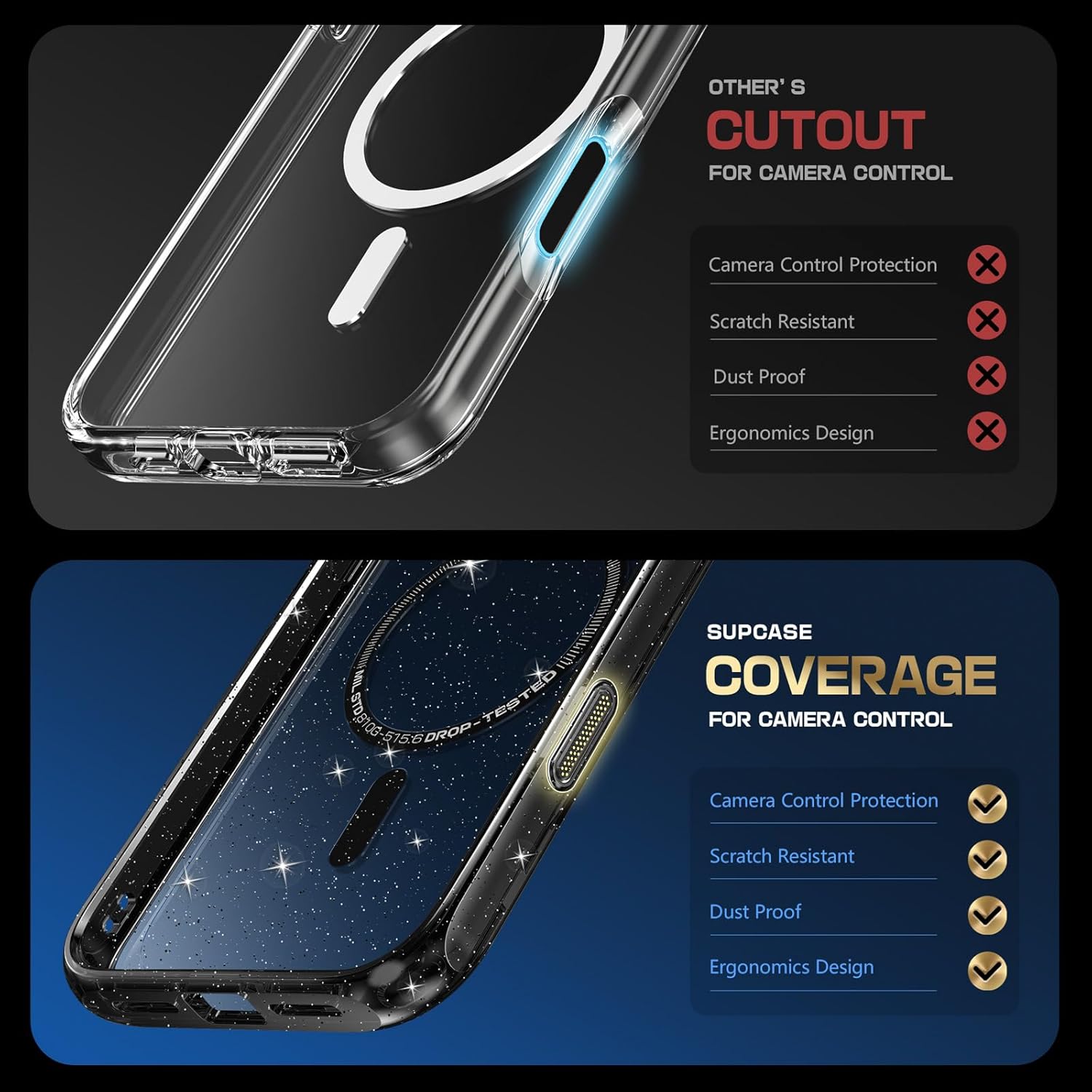 iPhone 16 Pro Case 6.3 Inch - Unicorn Beetle MAG Slim Clear Protective Cover with MagSafe & Camera Control Button | Glitter Black Design | Perfect for Everyday Use, Travel & Outdoor Activities