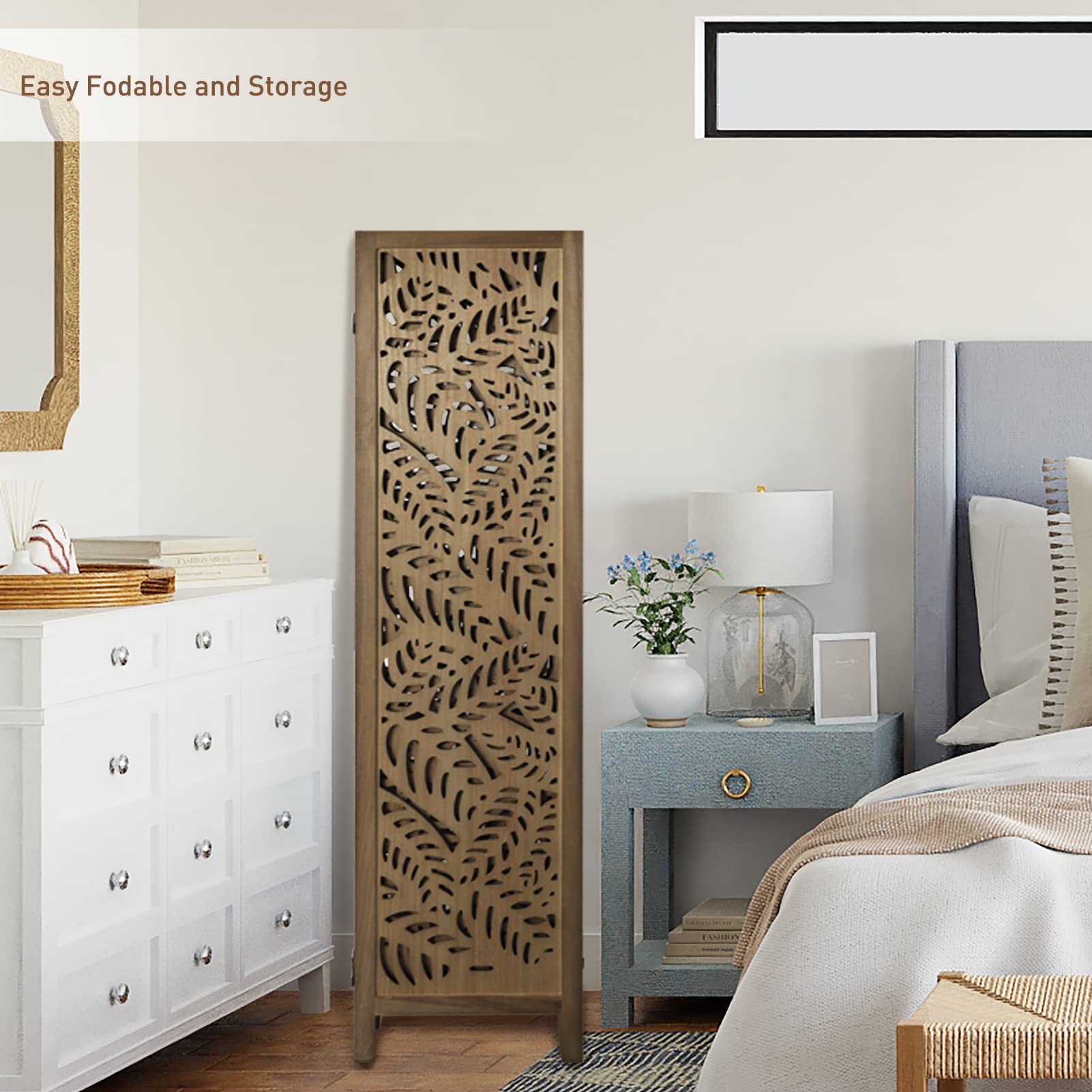 Babion 4-Panel Wooden Room Divider Screen - 5.6ft Tall Folding Partition with Exquisite Carvings - Modern Brown Bedroom Divider for Privacy & Space Separation | Perfect for Studios, Apartments, Offices & Home Decor