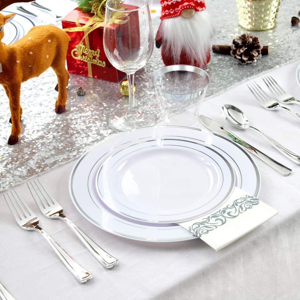 Premium 400-Piece Silver Plastic Dinnerware Set - Elegant Disposable Plates, Cutlery & Cups for Weddings, Parties, Birthdays & Holiday Events - Durable & Stylish Tableware for Any Celebration