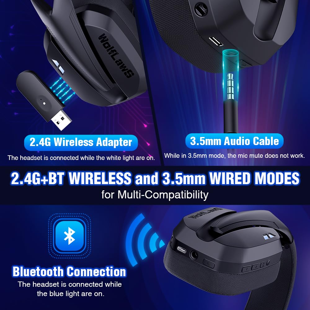 Wireless Gaming Headset for PC, PS5, PS4, Mac & Nintendo Switch - Bluetooth Over-Ear Headphones with Detachable Mic, Low Latency, 48H Battery, Noise Cancelling - Lightweight Comfort for Gaming, Streaming & Online Meetings (Black)