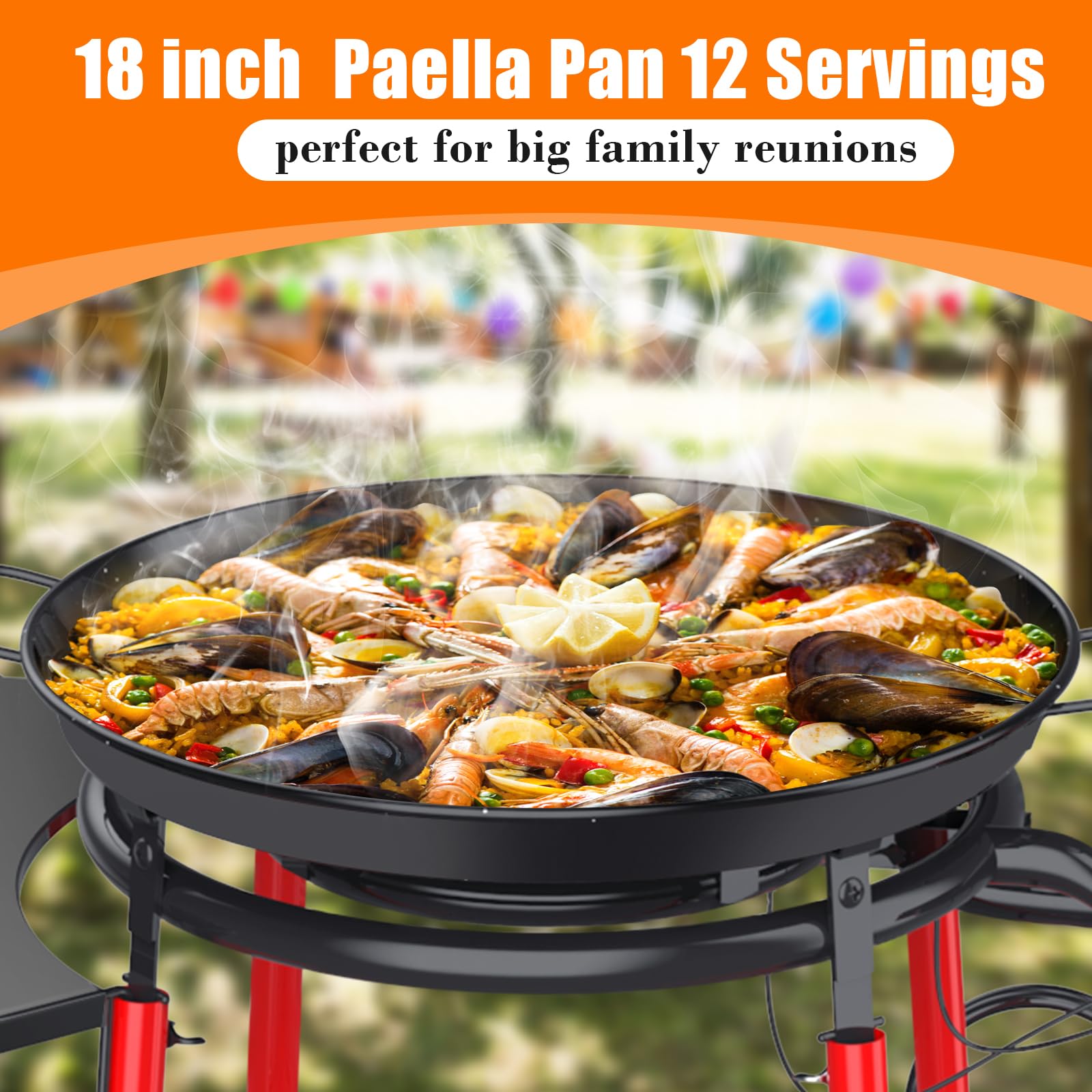 18 Inch Professional Paella Pan and Burner Set with Stand - Includes Carry Bag, Built-In Ignitor & Regulator Hose - Perfect for Outdoor Cooking, Parties & Spanish Cuisine (12 Servings)