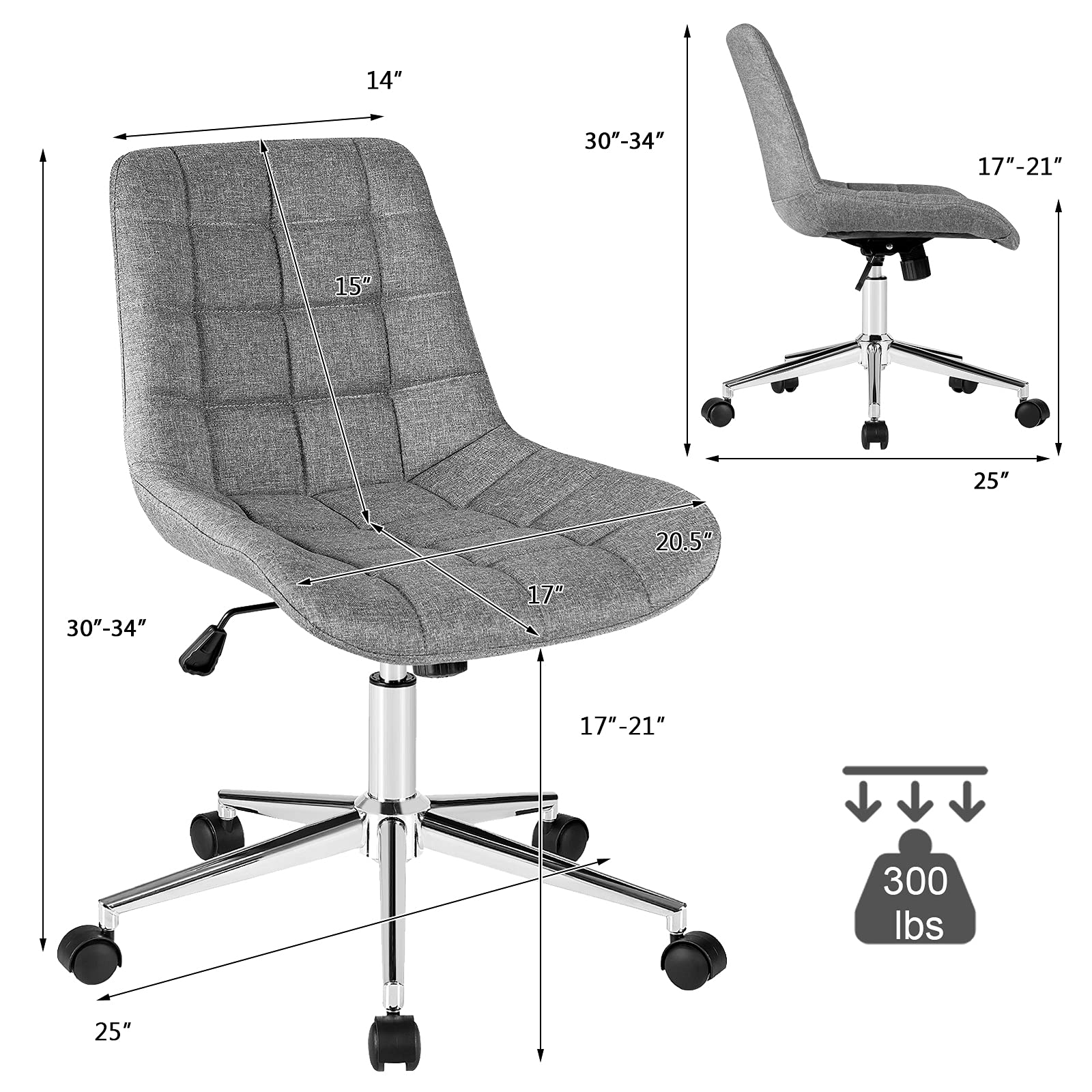 POWERSTONE Armless Office Chair - Ergonomic Mid Back Task Chair with Adjustable Height & Swivel Wheels | Perfect for Home Office, Computer Desk & Workspace