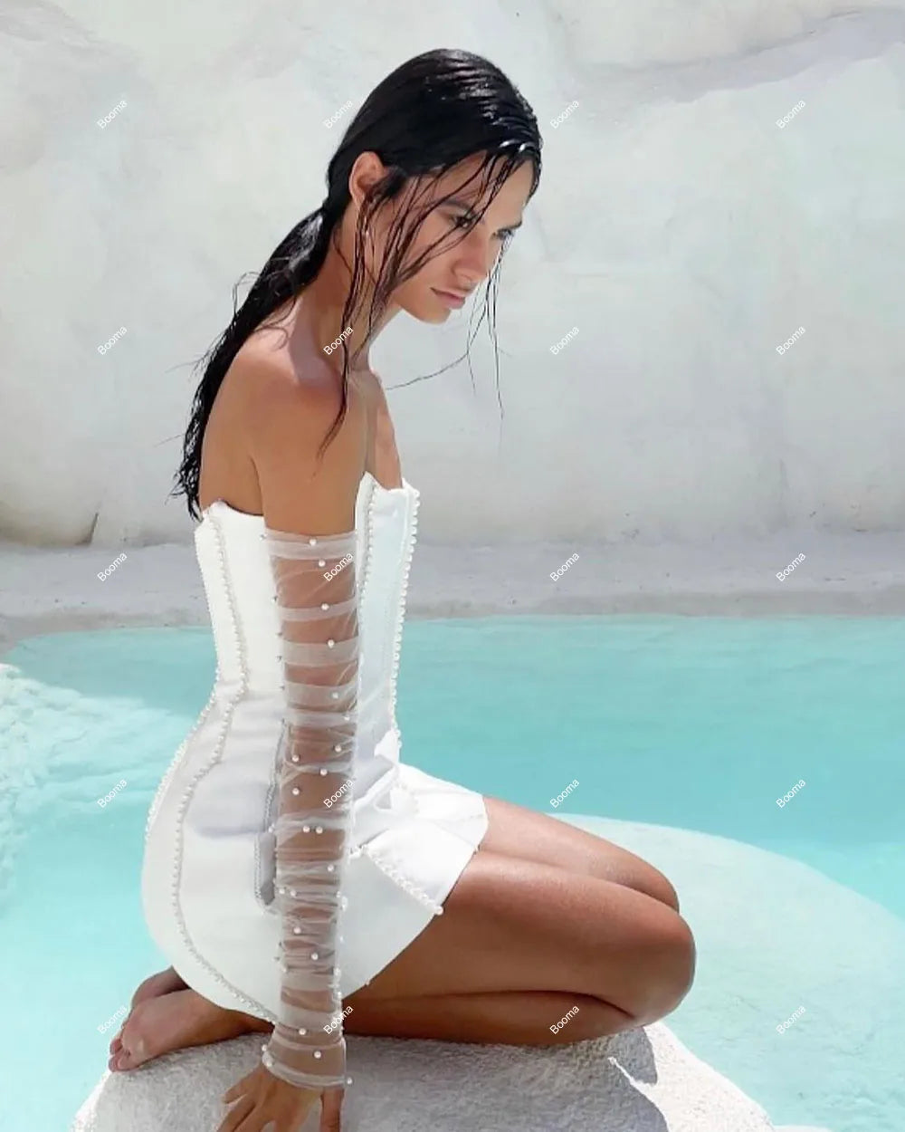 Strapless Mini Wedding Dress with Pearls & Boning - Elegant Bridal Gown for Brides, Evening Parties & Special Occasions | Perfect for Weddings, Proms, Cocktail Events & Formal Dinners