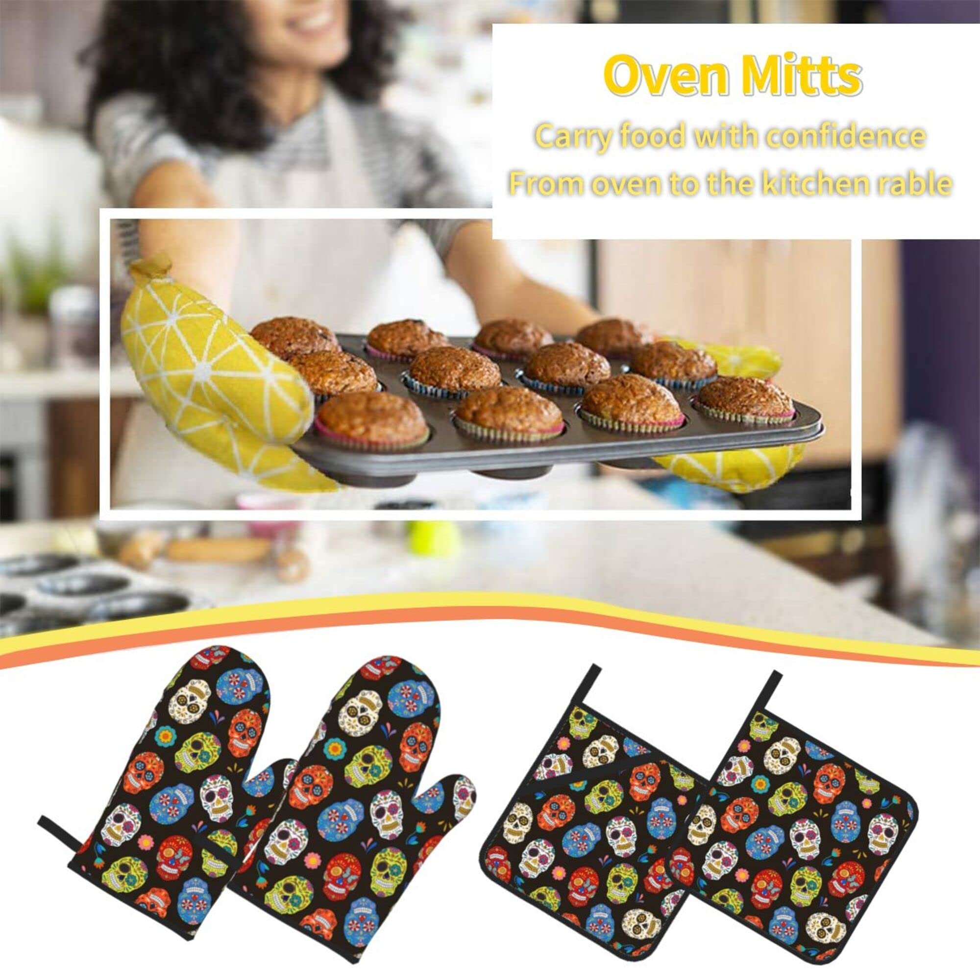 Sugar Skull Oven Mitts and Pot Holders Set - Heat Resistant, Waterproof & Durable Kitchen Accessories for BBQ, Baking & Cooking - Perfect Gift for Home Chefs & Halloween Decor