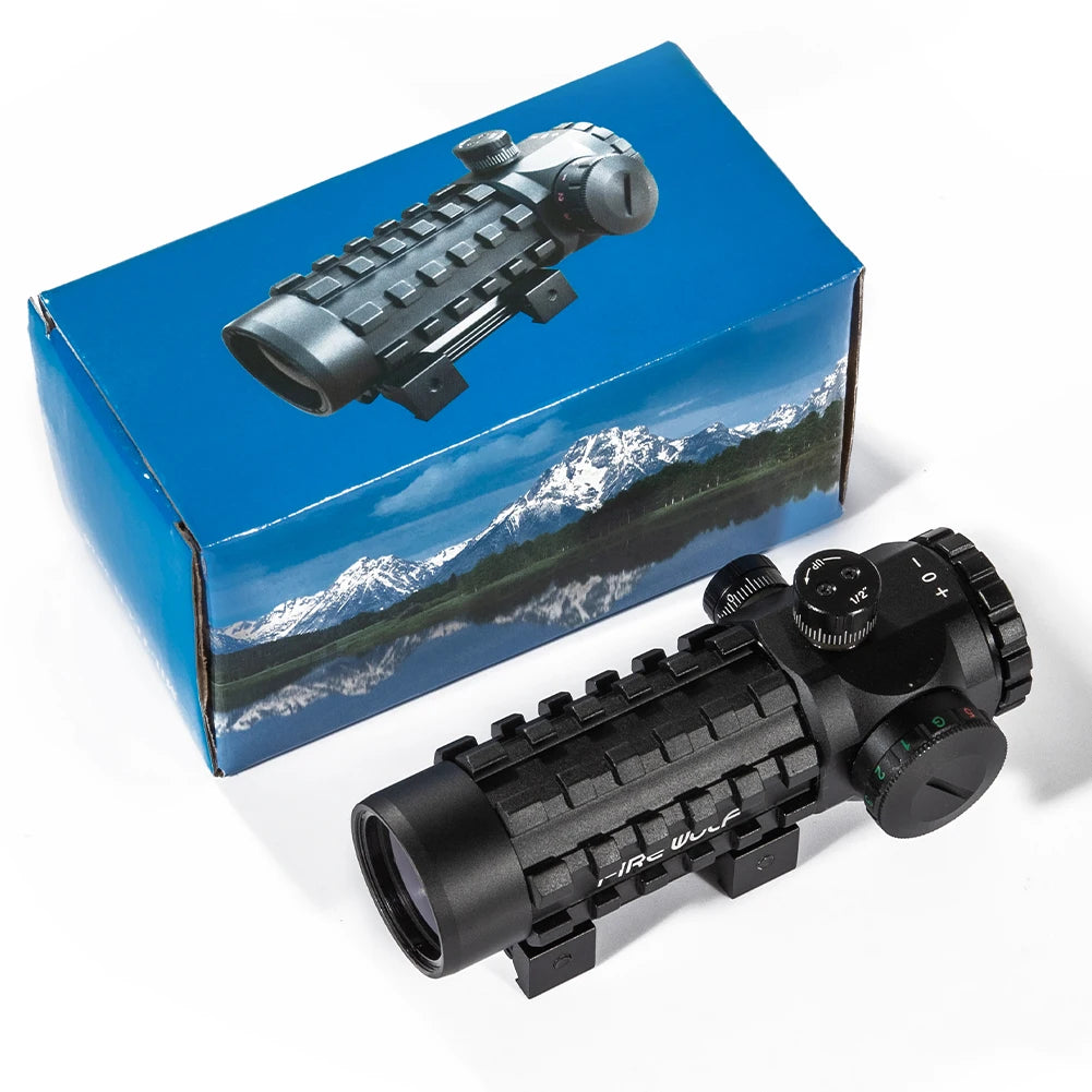 FIRE WOLF 3X28 Tactical Rifle Scope with Green & Red Dot Reticle - Universal 11/20mm Rail Mount for Hunting, Shooting & Outdoor Adventures | Holographic Sight for Precision Targeting in Low Light Conditions