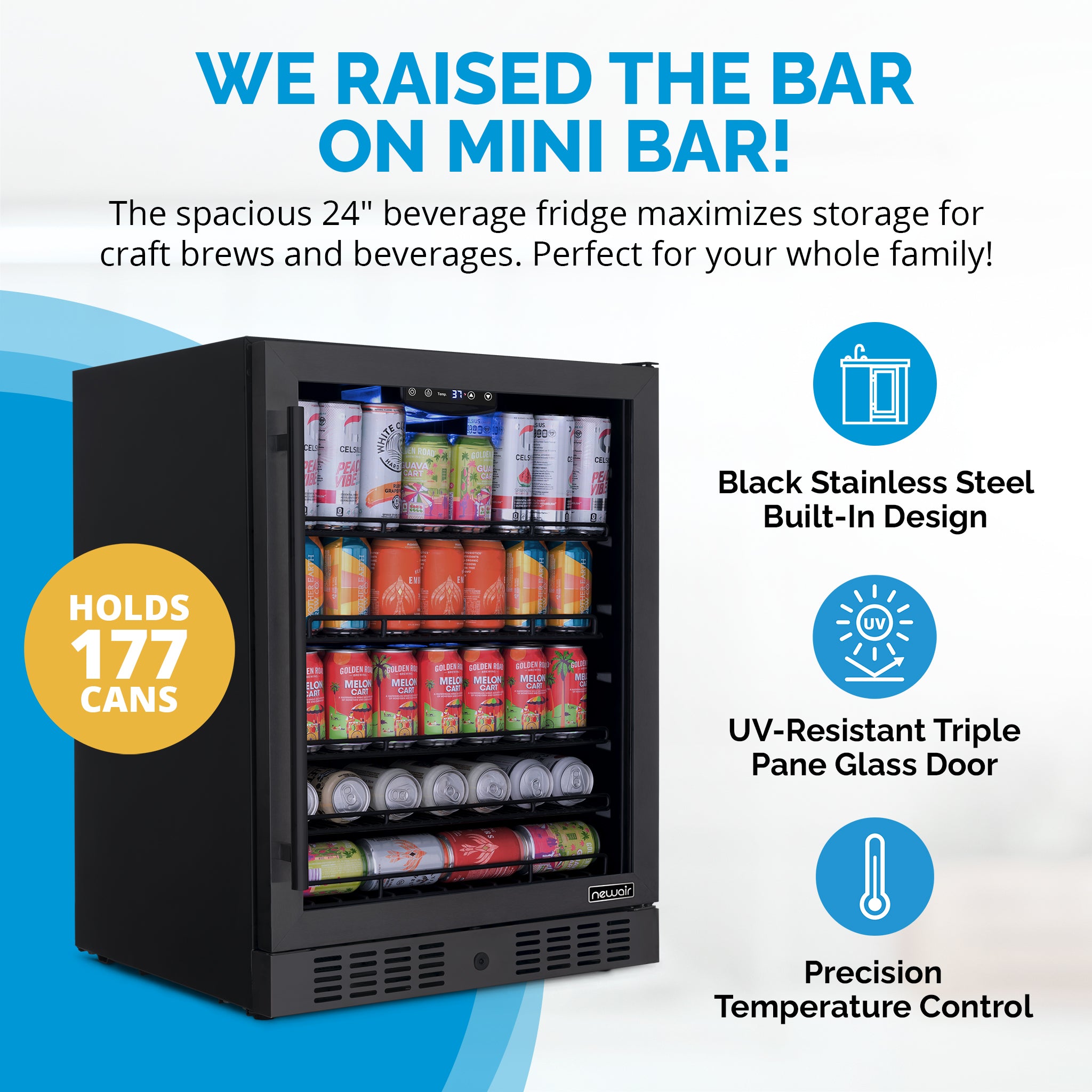 Newair® 177 Can Built-In or Freestanding Black Beverage Refrigerator - Perfect for Home Bars, Office, and Party Drink Storage