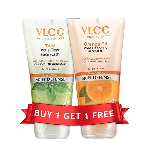 VLCC Tulsi Acne Clear Face Wash & Free Orange Oil Pore Cleansing Face Wash (300ml) - Buy 1 Get 1 - Herbal Acne Treatment for Oily & Problem Skin - Perfect for Daily Skincare Routine & Deep Cleansing