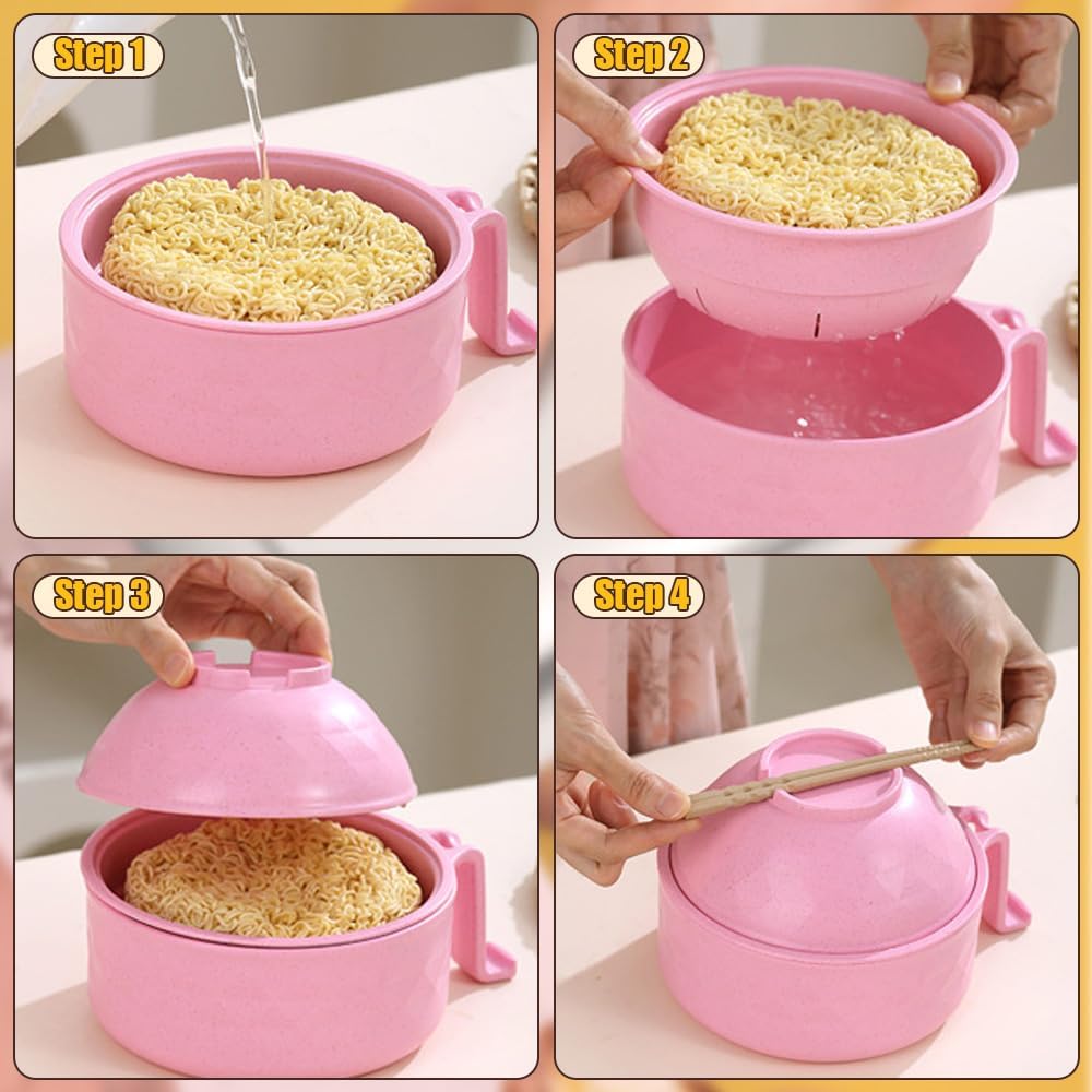 Microwave Ramen Bowl with Strainer & Utensils - Portable Noodle Cooker for Soup, Salad - Blue