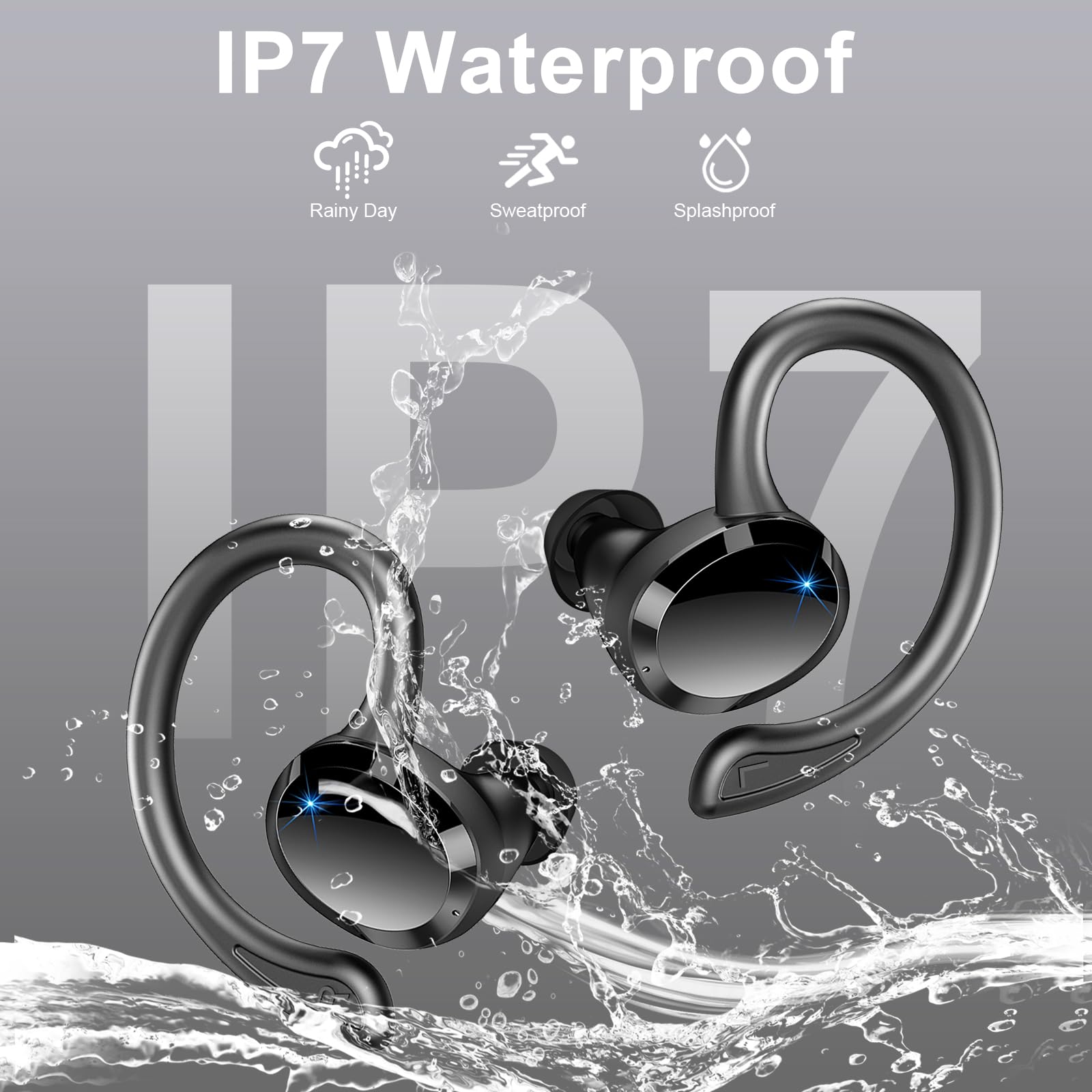 Wireless Bluetooth Earbuds with Noise Cancellation, 48H Playtime, HD Mic & Dual LED Display - IP7 Waterproof Sports Earphones with Ear Hooks & USB-C Charging for Running, Gym, Workouts and Commuting
