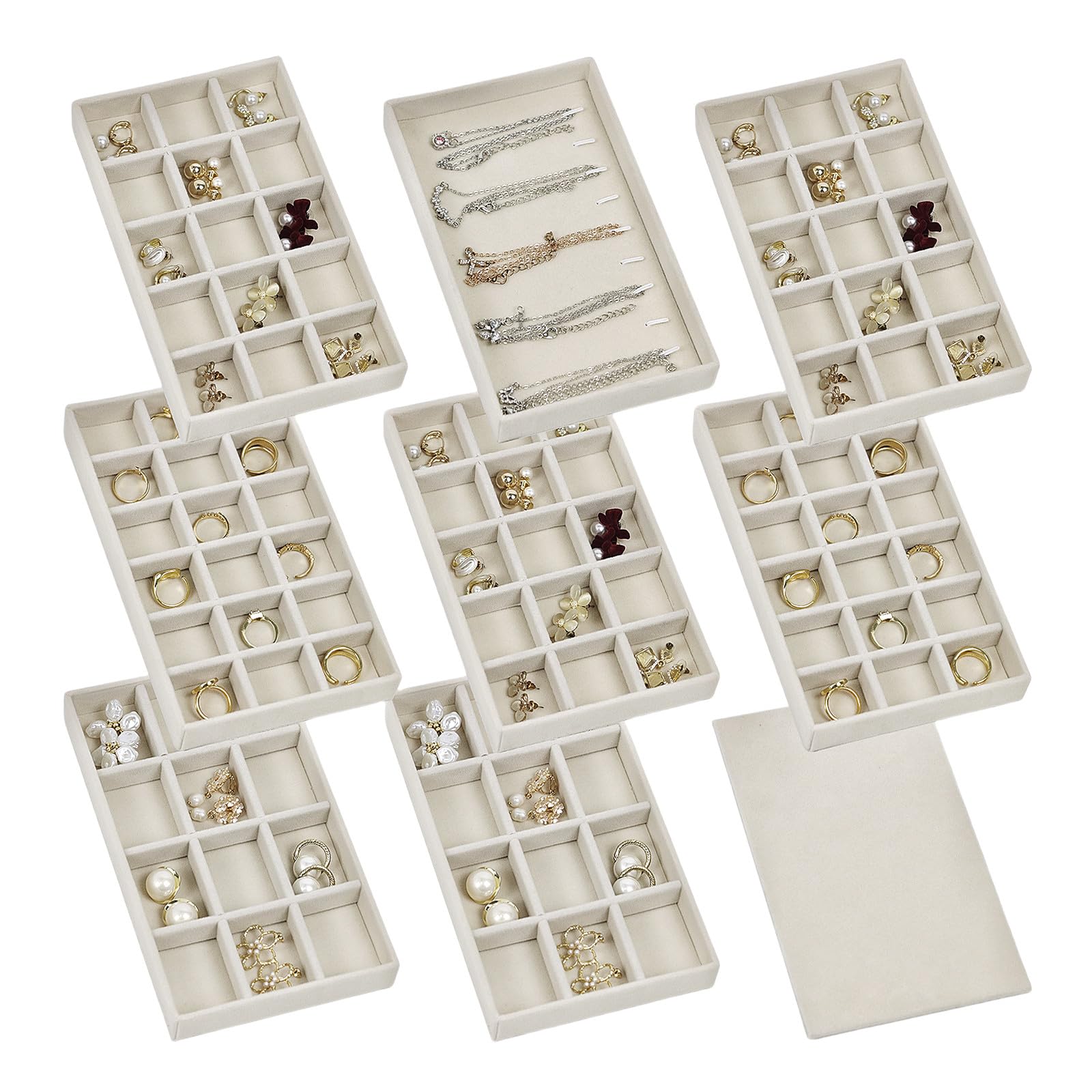 8-Piece Stackable Velvet Jewelry Organizer Set with Lid - Adjustable Drawer & Dresser Tray for Earrings, Necklaces, Rings & Bracelets - Beige Jewelry Storage Box for Bedroom, Closet & Travel