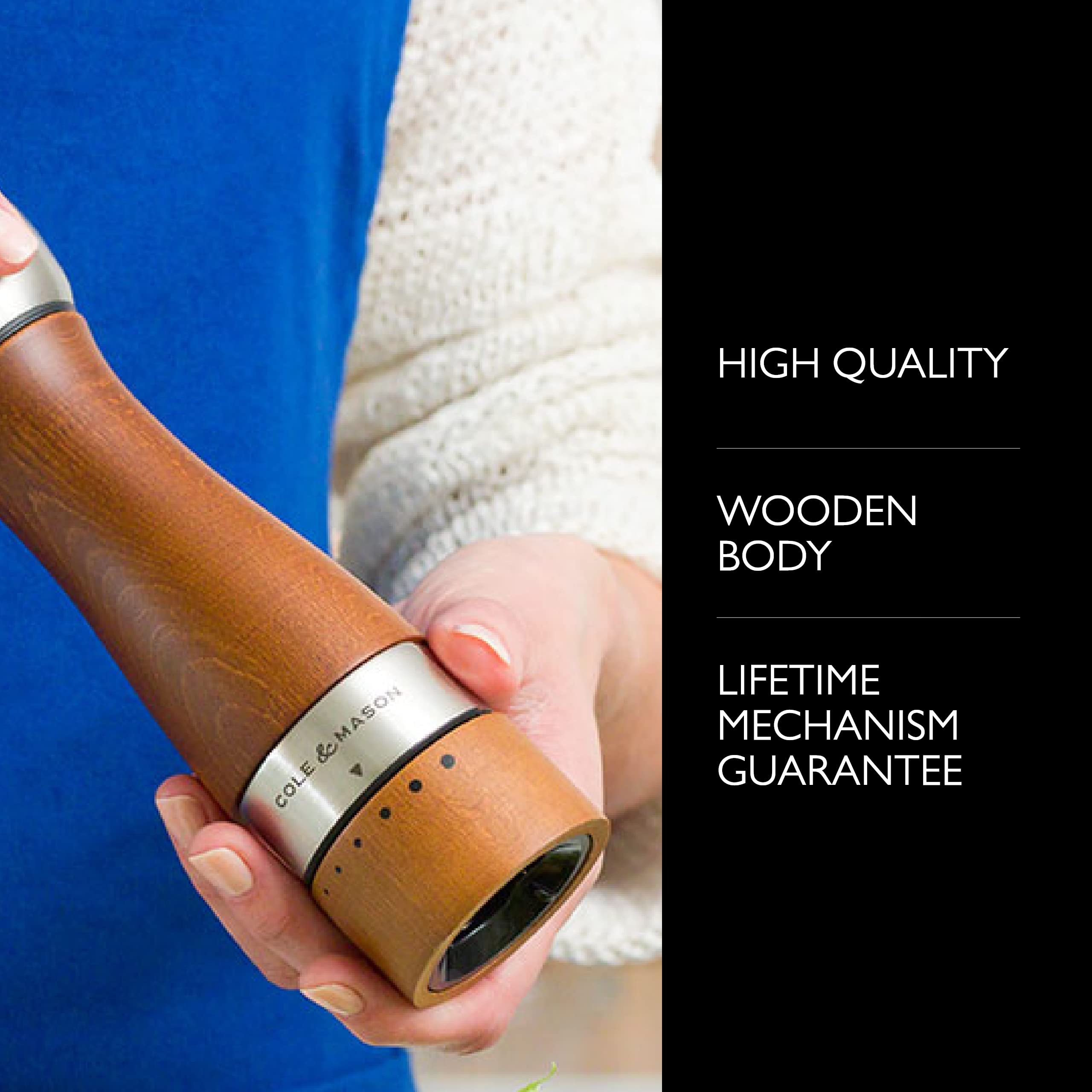 COLE & MASON Oldbury Wooden Salt and Pepper Grinder Set - Premium Adjustable Gourmet Mills with Precision Mechanism, Includes Gift Box & Sea Salt & Peppercorns - Perfect for Kitchen, Dining Table & Gift Giving