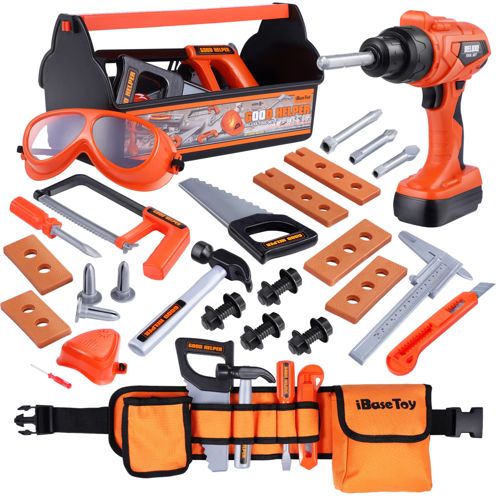 iBaseToy 32-Piece Kids Pretend Play Construction Tool Set with Tool Box, Tool Belt & Electronic Toy Drill - STEM Learning Toys for Toddlers Boys Girls Ages 3-7 | Perfect for Role Play, Birthday Gifts & Early Childhood Development
