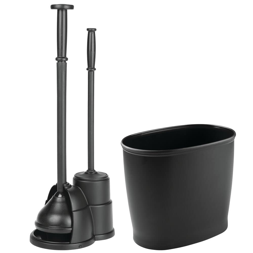 mDesign Modern Toilet Bowl Scrubber Brush & Plunger Combo with Oval Wastebasket - Heavy Duty Bathroom Cleaning Set for Toilet (Hideaway Design, Hyde Collection, 2-Pack, Black) - Perfect for Small Bathrooms & Tight Spaces