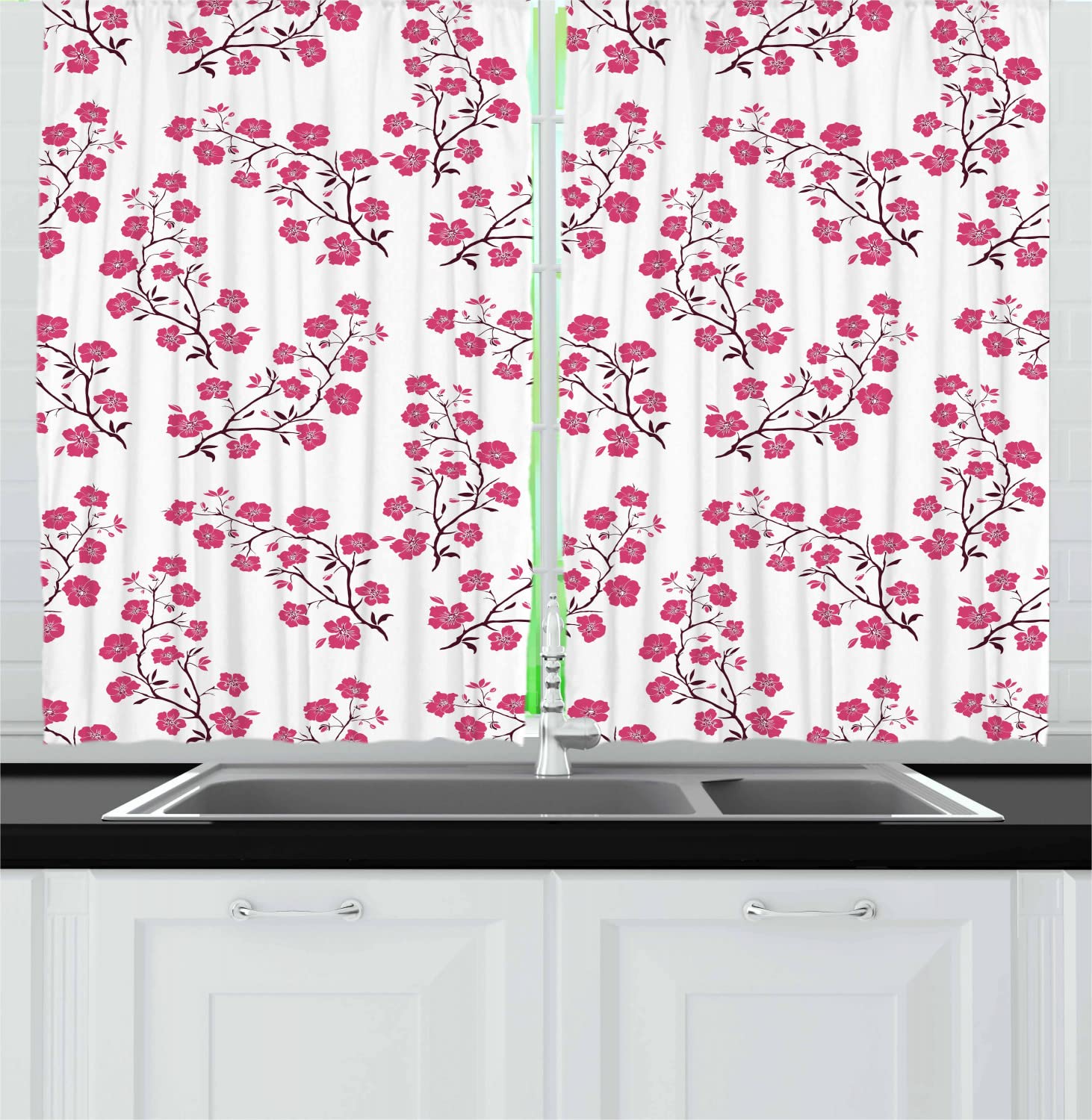 Ambesonne Floral Long Kitchen Curtains - Pink Cherry Blossom Sakura Tree Design, 2 Panel Rod Pocket Drapes 55