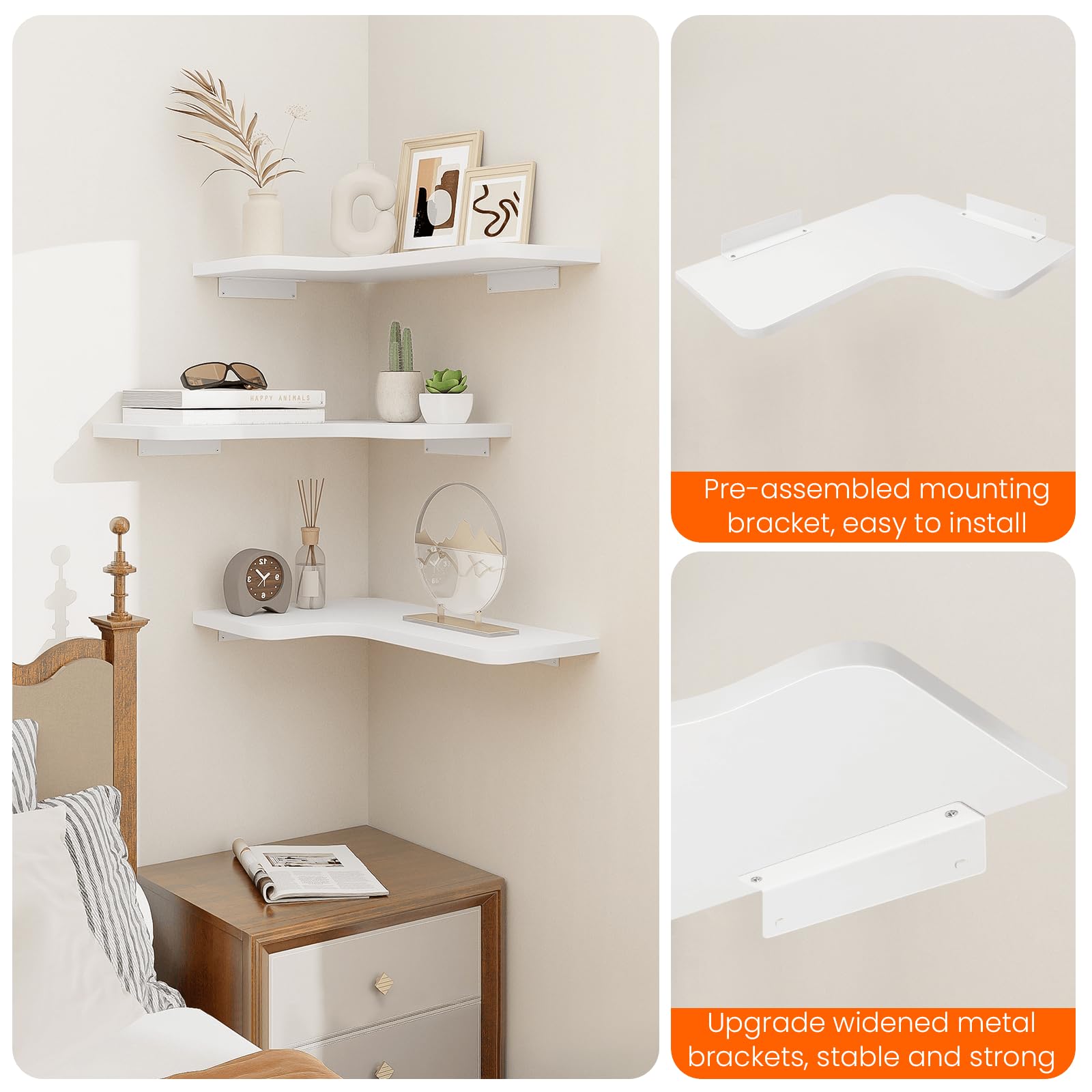 Homode 3-Pack Corner Floating Shelves - L-Shaped Wood Wall Shelves with Wire Hole for Bathroom, Kitchen, Bedroom - White - Perfect for Organizing Toiletries, Spices & Decor Items