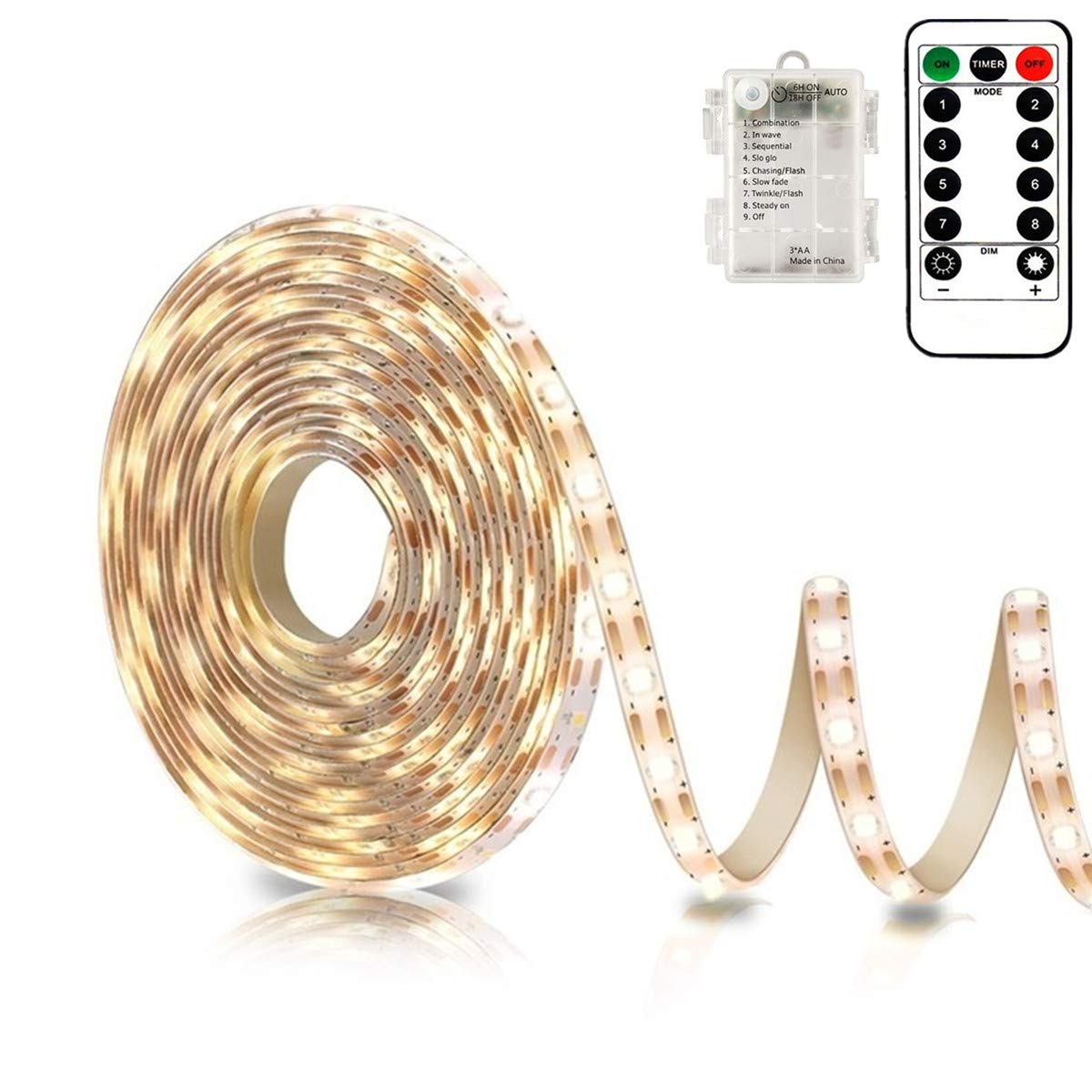 Echosari 9.8FT Battery Powered LED Strip Lights - Warm White, 8 Lighting Modes, Dimmable, Timer, Self-Adhesive, Cuttable, Waterproof (90 LEDs) for TV Backlight, Kitchen Cupboard, Bedroom, Home Decor & Party Lighting