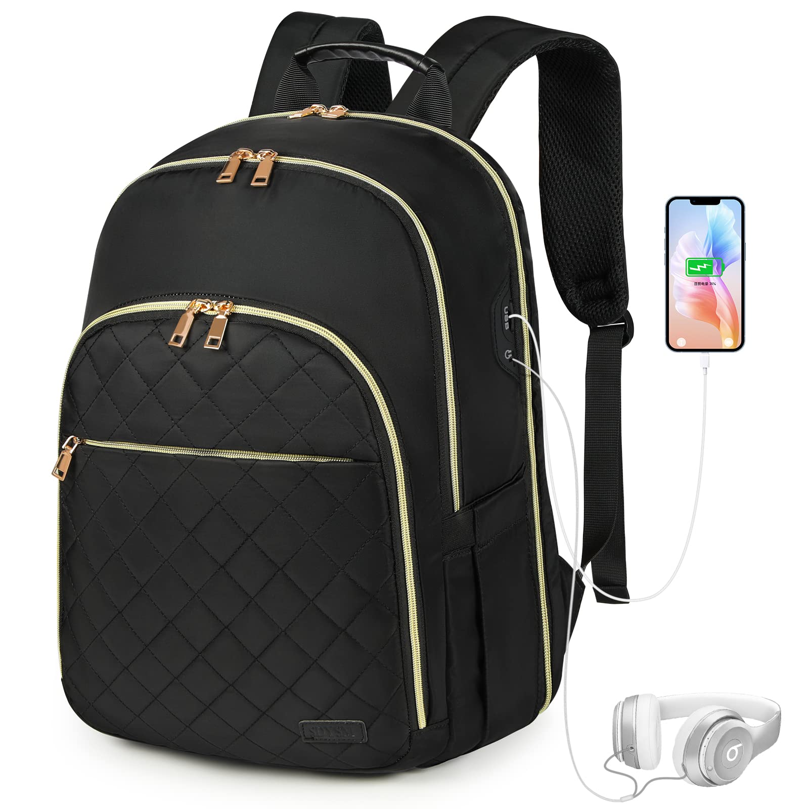 15.6 Inch Women's Travel Backpack - TSA Friendly Carry On Laptop Backpack with USB Charging Port & Headphone Jack, Waterproof College School Business Backpack (Black) - Perfect for Air Travel, Commuting & Campus Life