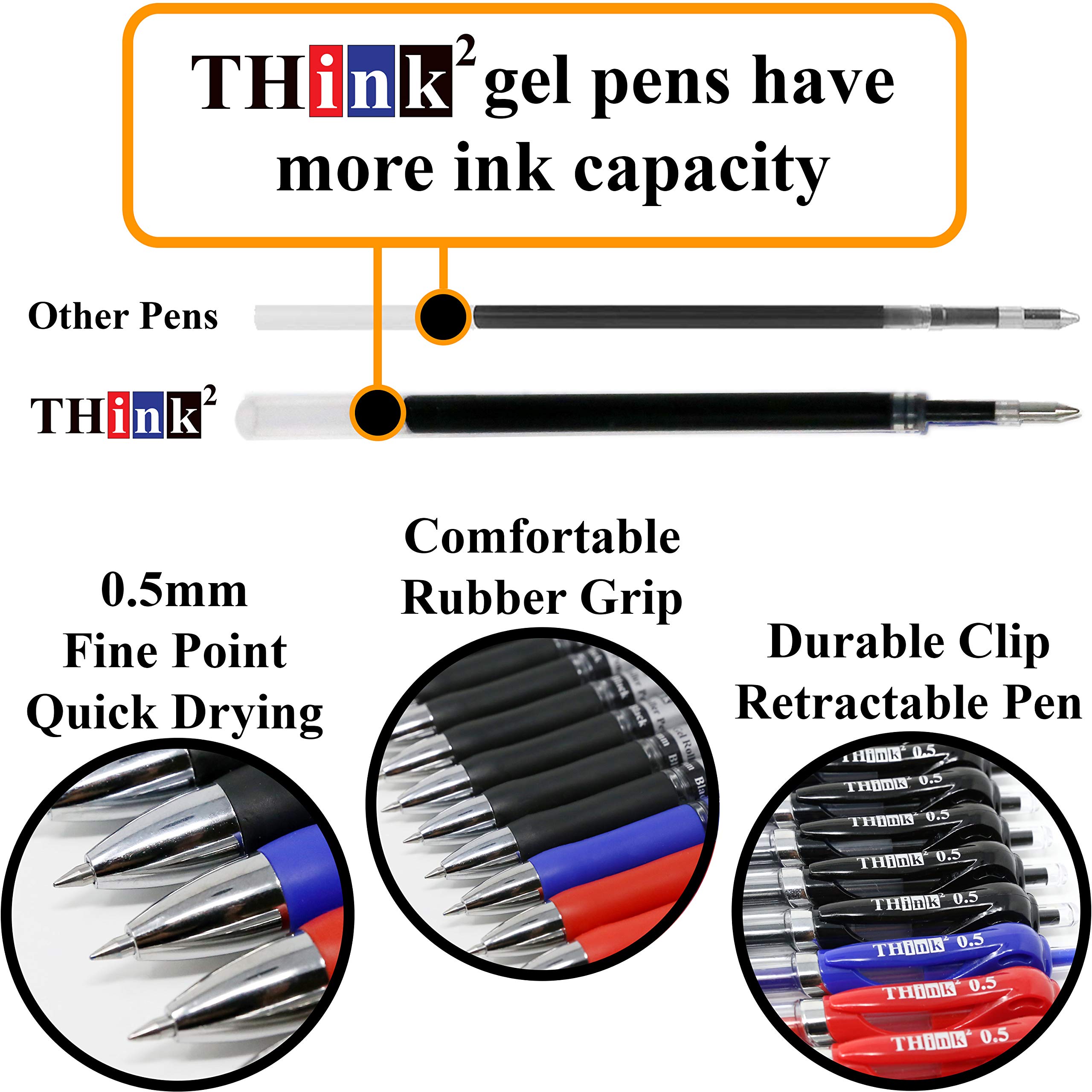 Think2Master Retractable Gel Pens - 24 Pack (18 Black, 3 Red, 3 Blue) 0.5mm Fine Point Rollerball Pens with Comfort Grip for School, Office & Note Taking - Smooth Writing Gel Ink Pens for Students & Professionals