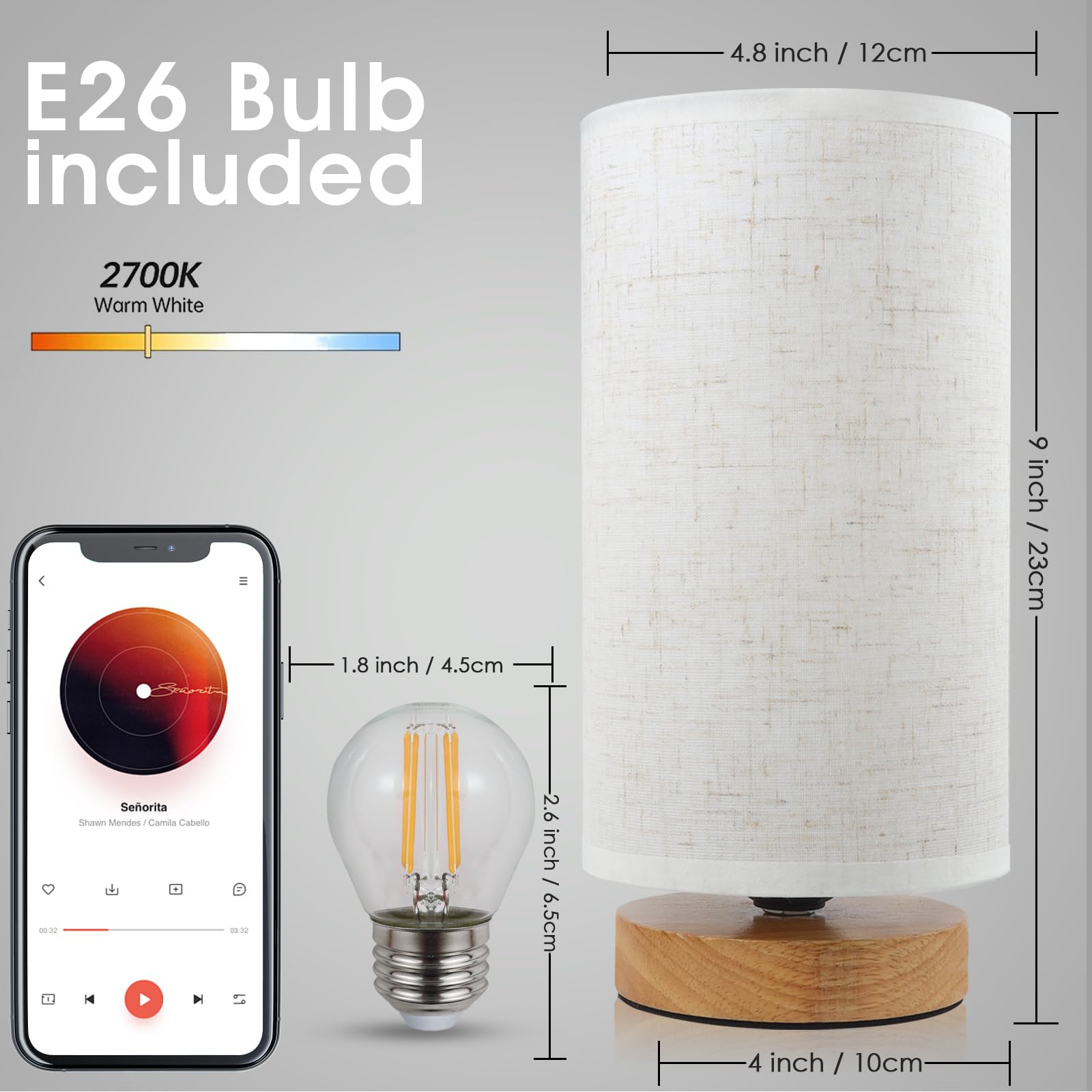 Minimalist Round Fabric Linen Shade Nightstand Lamp - Small Bedside Table Lamp for Bedroom, Study, Kids Room, Living Room & Office - Perfect for Reading, Relaxing & Creating Cozy Ambiance in Dorms & Homes