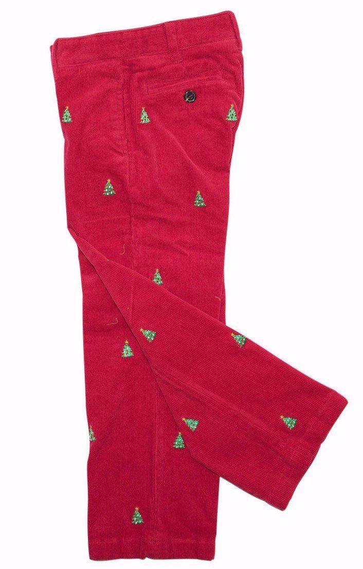 Boys Corduroy Pants - Crimson Red Christmas Tree Print for Holiday & Winter Outfits - Casual Playwear & Festive Family Gatherings