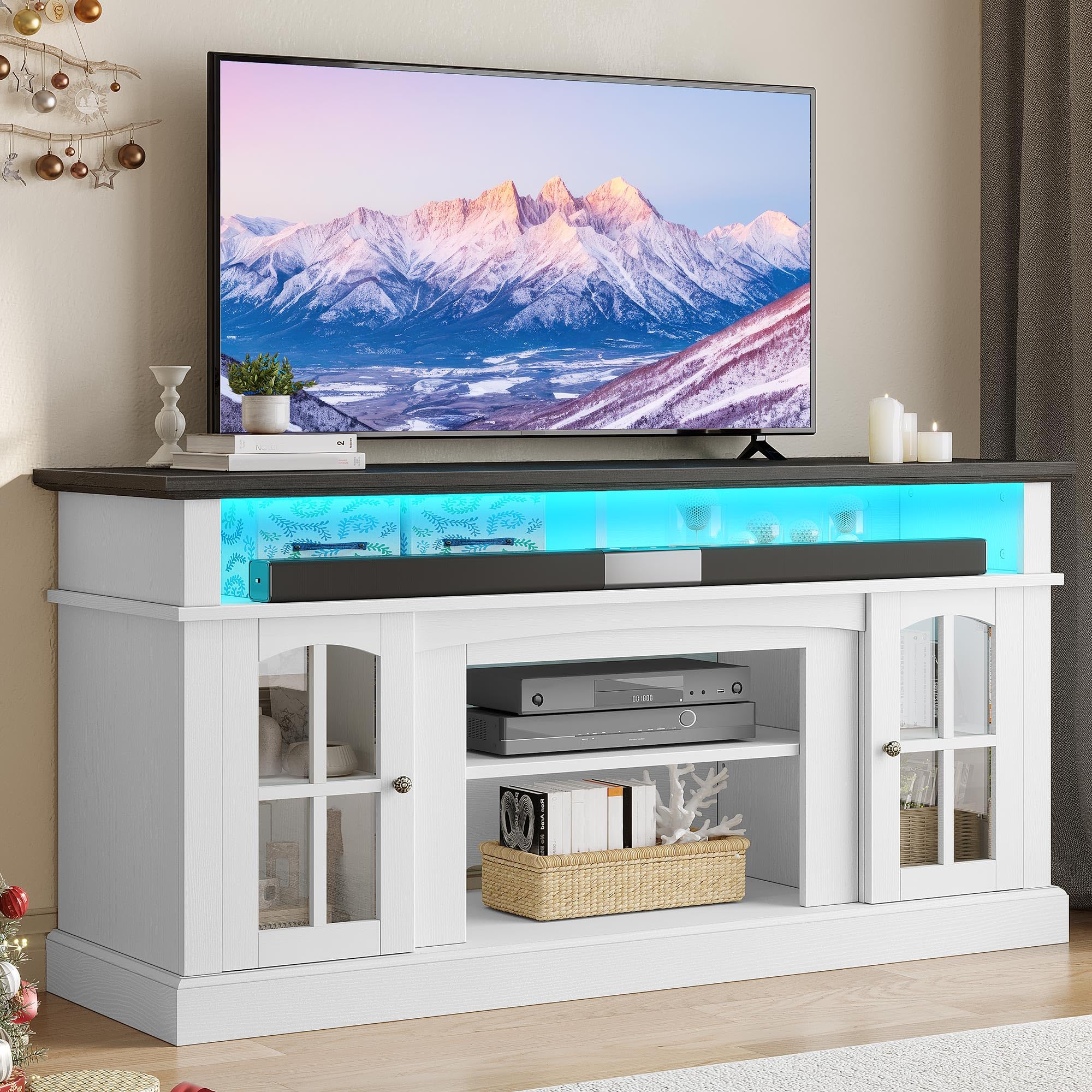 YITAHOME 65 Inch Modern LED TV Stand with Built-in Outlets, Farmhouse Style Entertainment Center with Glass Doors & Adjustable Shelves - Media Console Cabinet for Living Room (White/Black) | Perfect for Home Theater Setup & Living Room Organization