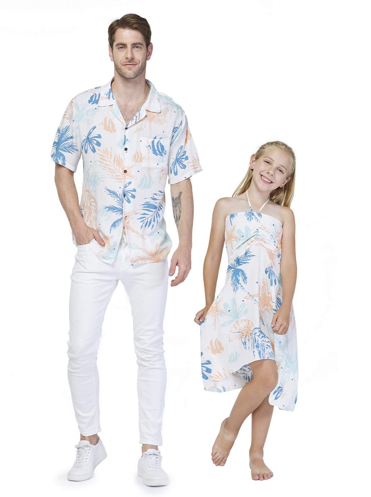 Matching Father Daughter Hawaiian Luau Cruise Outfit - Tropical Hibiscus Print Shirt & Dress Set in Blue | Perfect for Family Vacations, Beach Parties & Cruise Wear