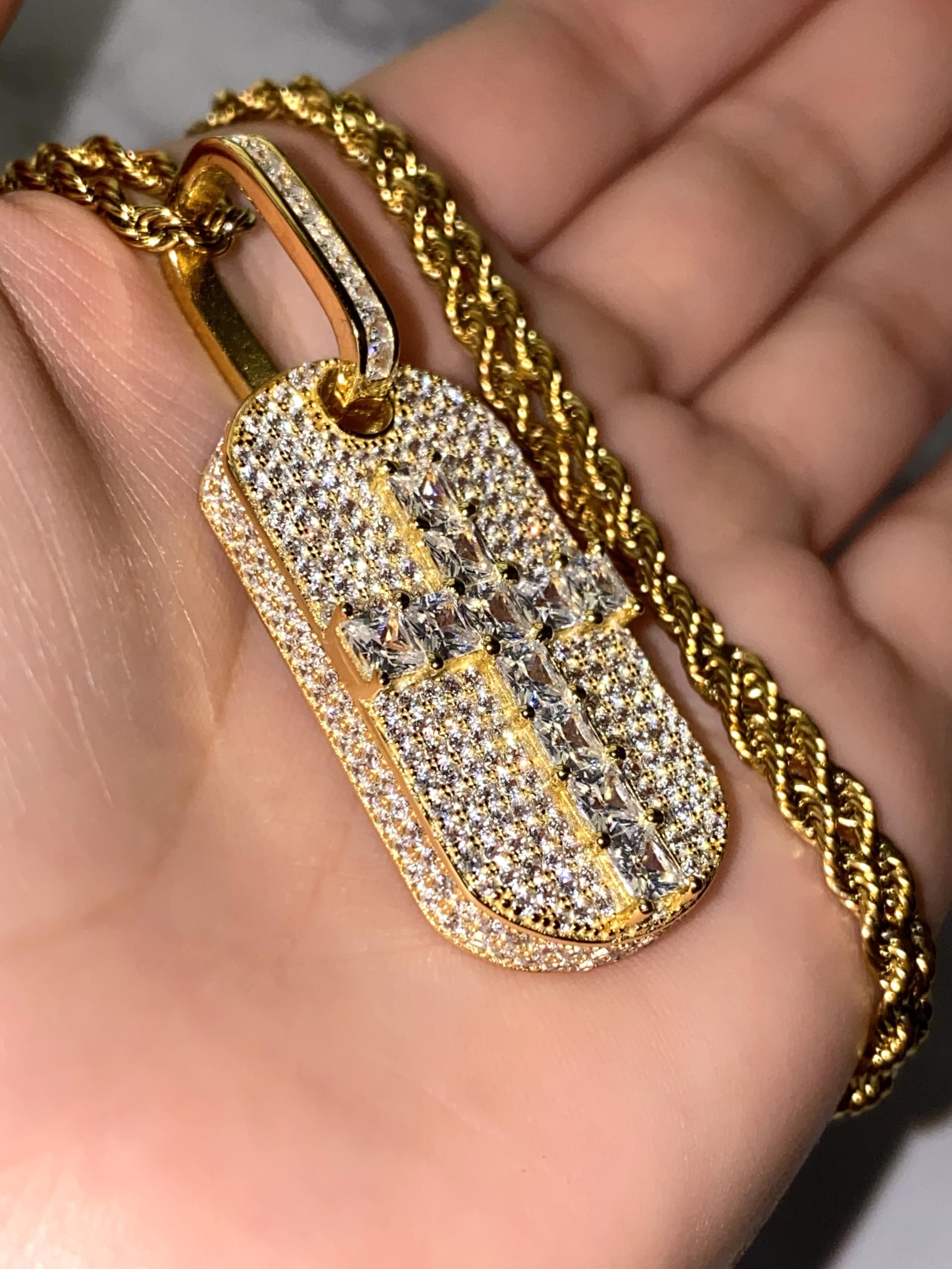 925 Sterling Silver Iced Out Baguette Cross Dog Tag Pendant with 2mm Stainless Steel Rope Chain Necklace (16