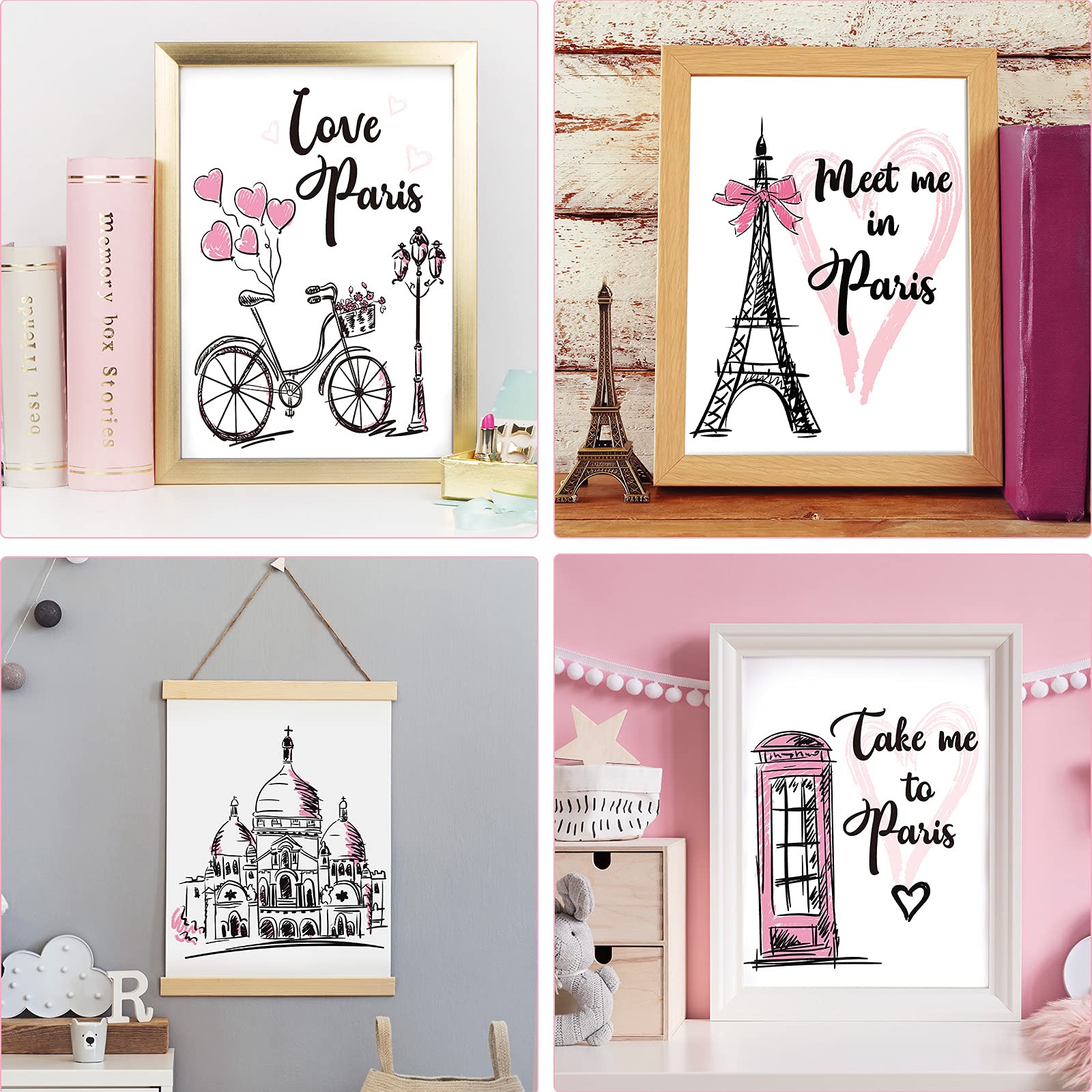 Outus 4-Piece Paris Wall Art Set - Pink Eiffel Tower Prints, Romantic Unframed Posters (8x10 Inch) for Bedroom, Living Room, Bathroom & Office Decor | Perfect for Girls' Rooms, French-Themed Home & Gift Ideas
