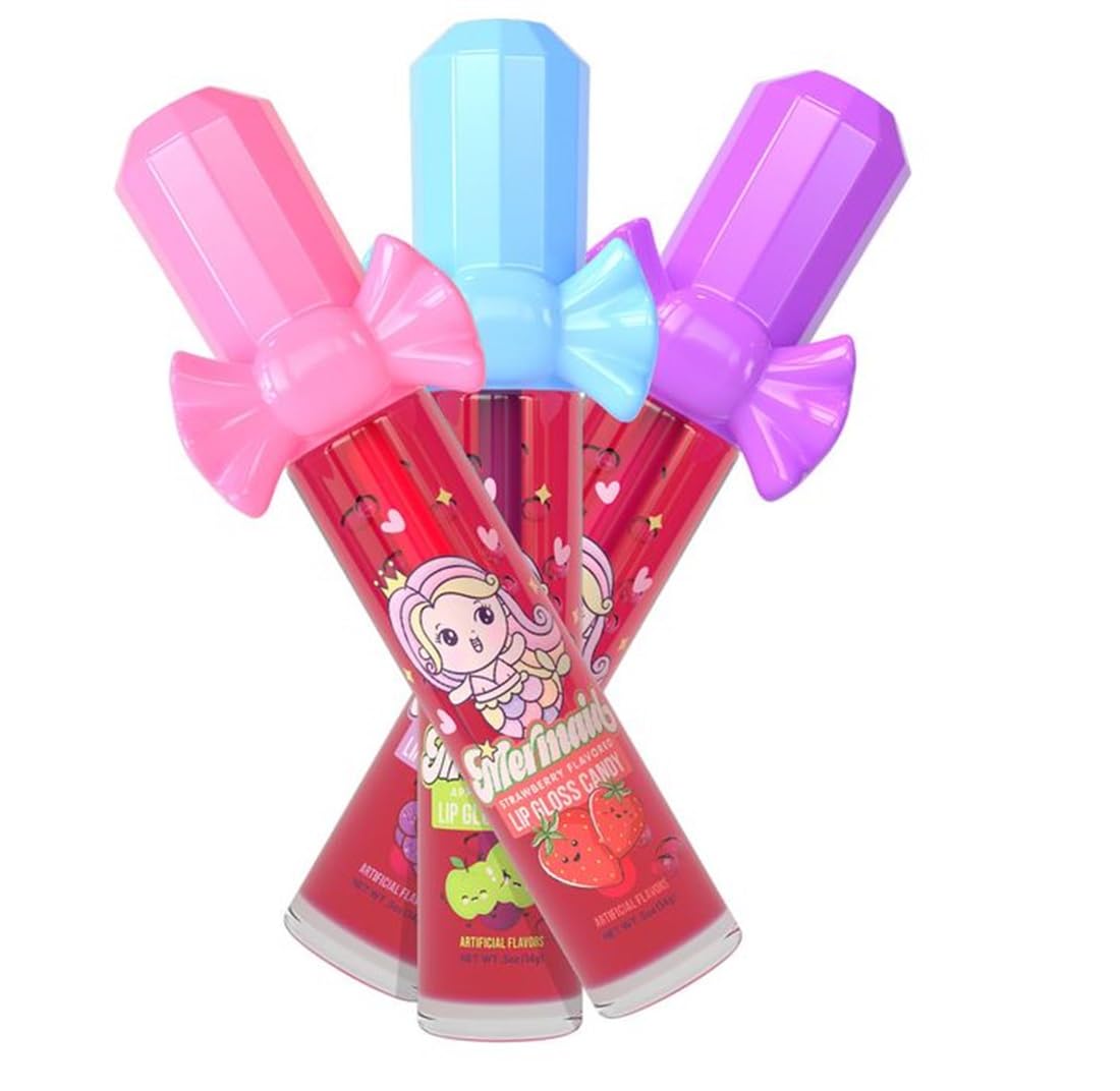 Mermaid Lip Gloss 4-Pack - Strawberry, Grape & Apple Flavors for Beach Party Favors