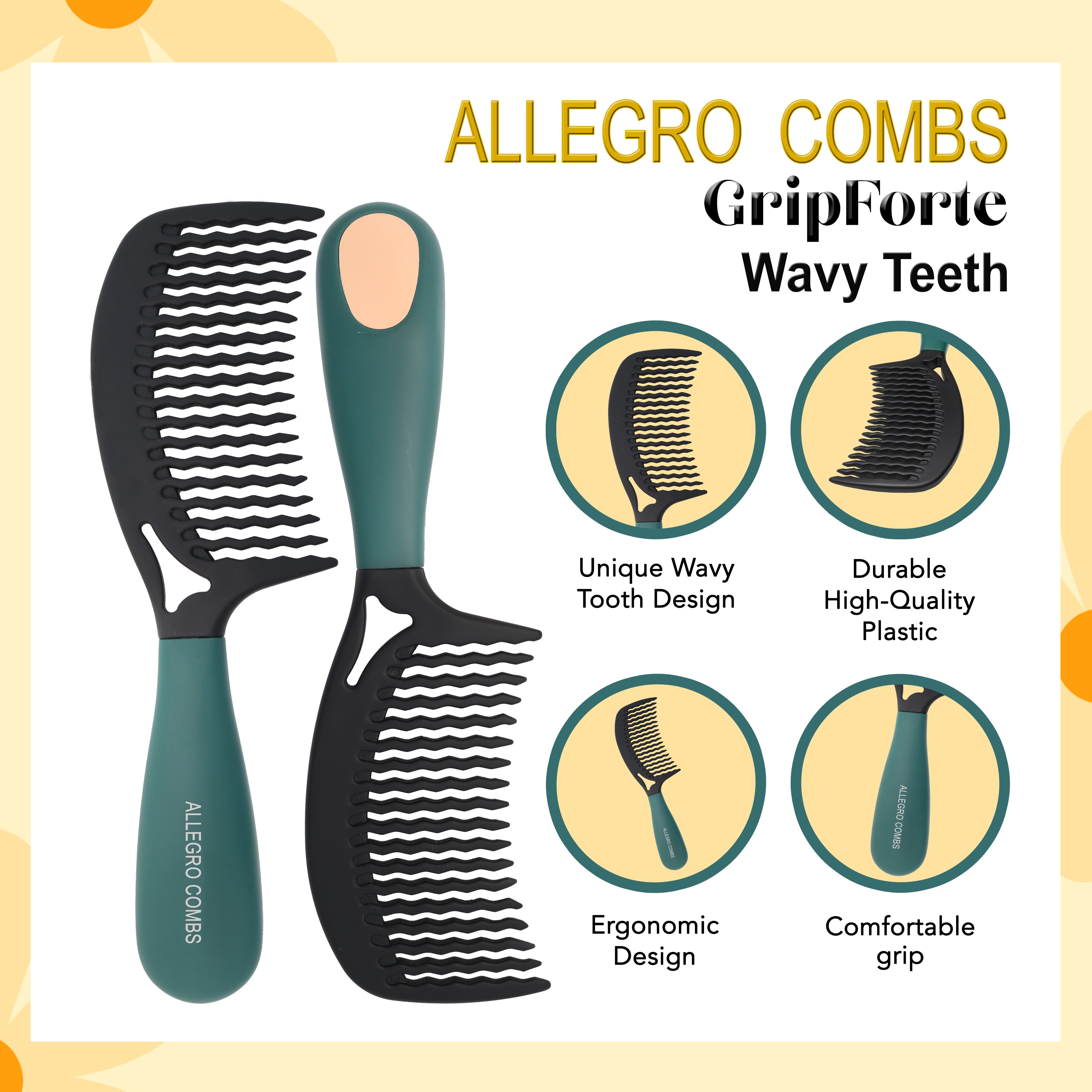 Allegro Combs Gripforte Wide Tooth Comb for Curly Hair - Detangling Hair Brush for Thick, Wavy & Natural Curls - Perfect for Salon, Home & Travel Use