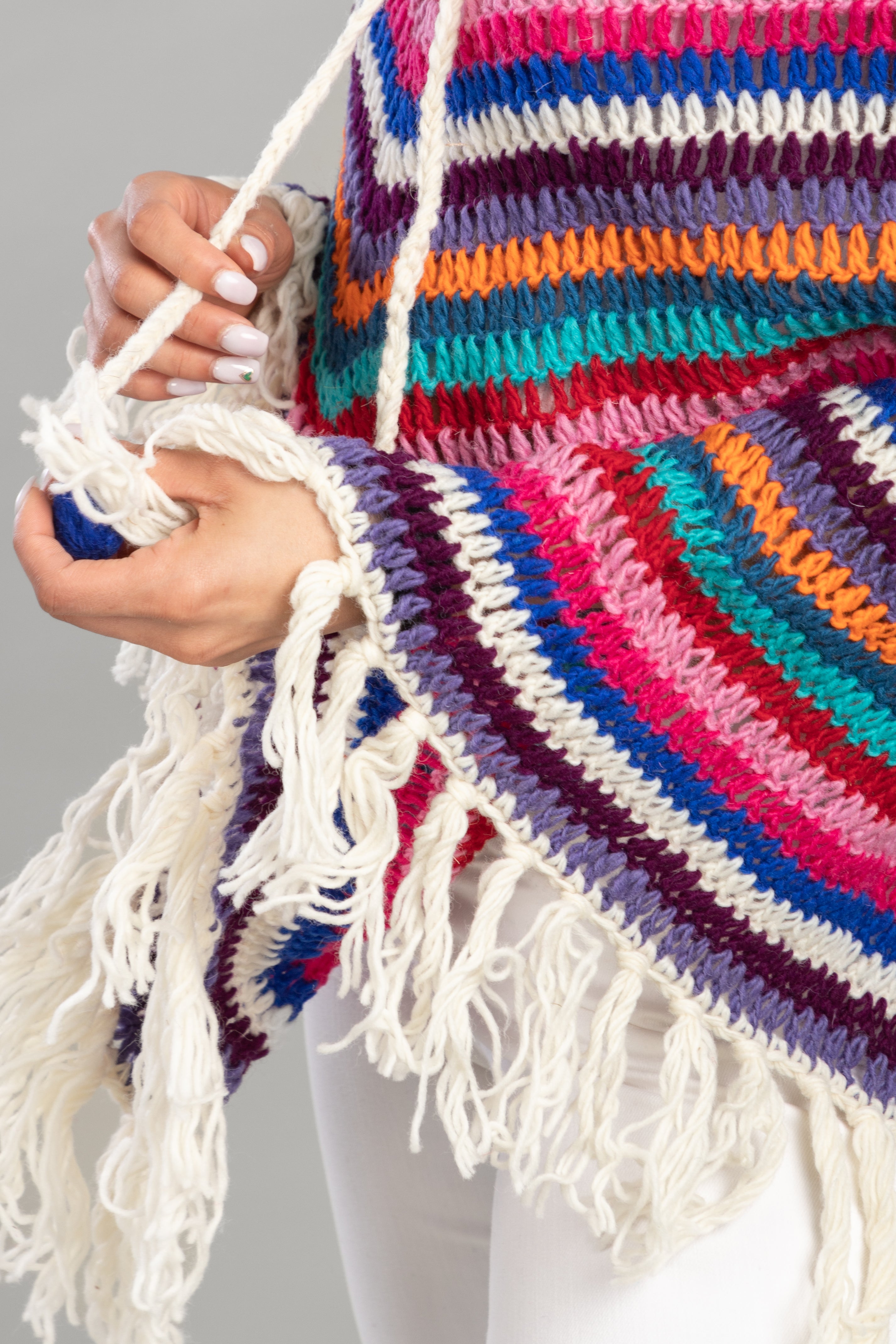 Stylish Open Weave Crochet Rainbow Poncho - Lightweight Boho Cover Up for Women - Perfect for Beach, Music Festivals & Summer Outfits