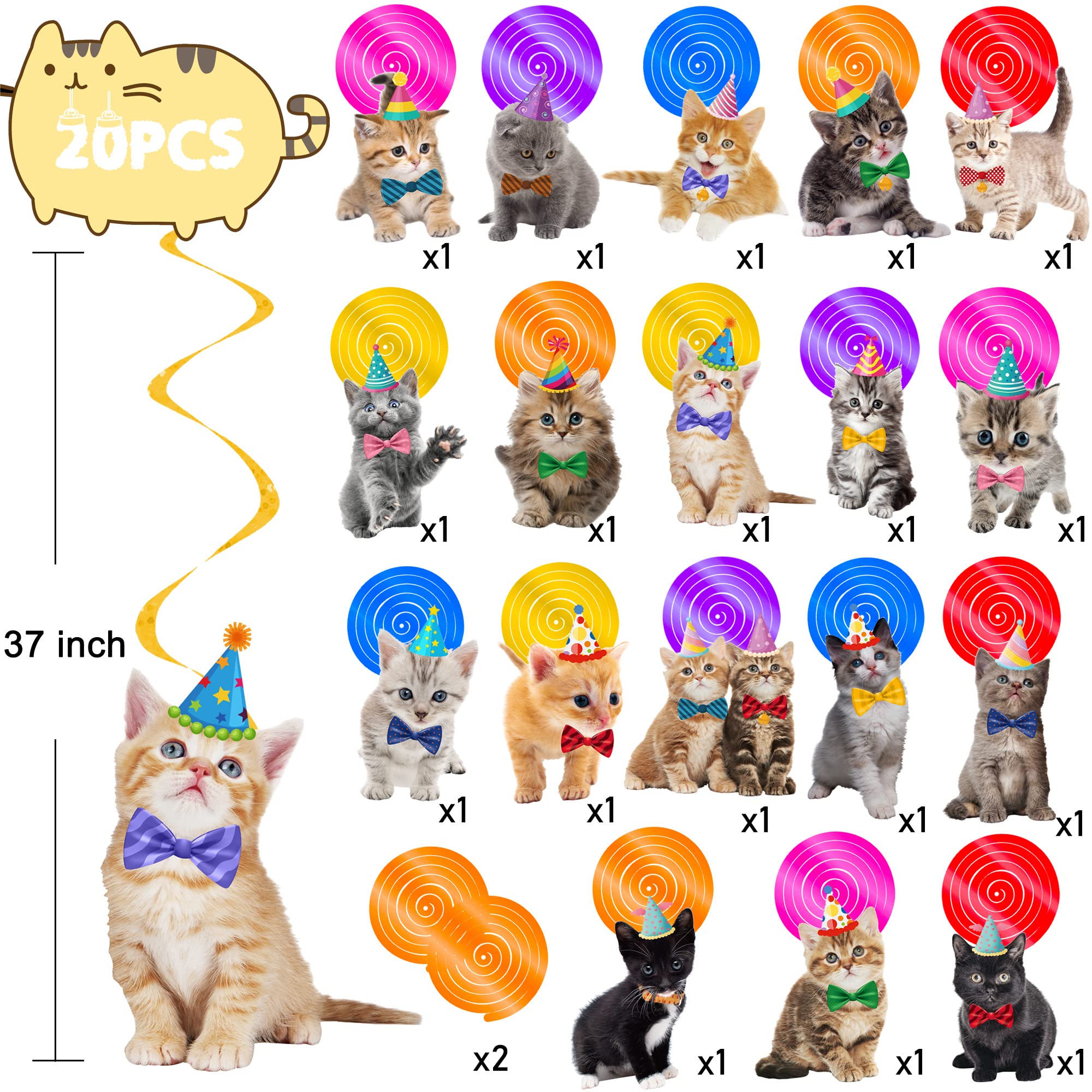 20PCS Cat Hanging Swirl Decorations - Cute Kitten Birthday Party Supplies for Cat Lovers, Pet Adoption Parties & Kids Theme Celebrations - Perfect for Home, Nursery & Classroom Decor