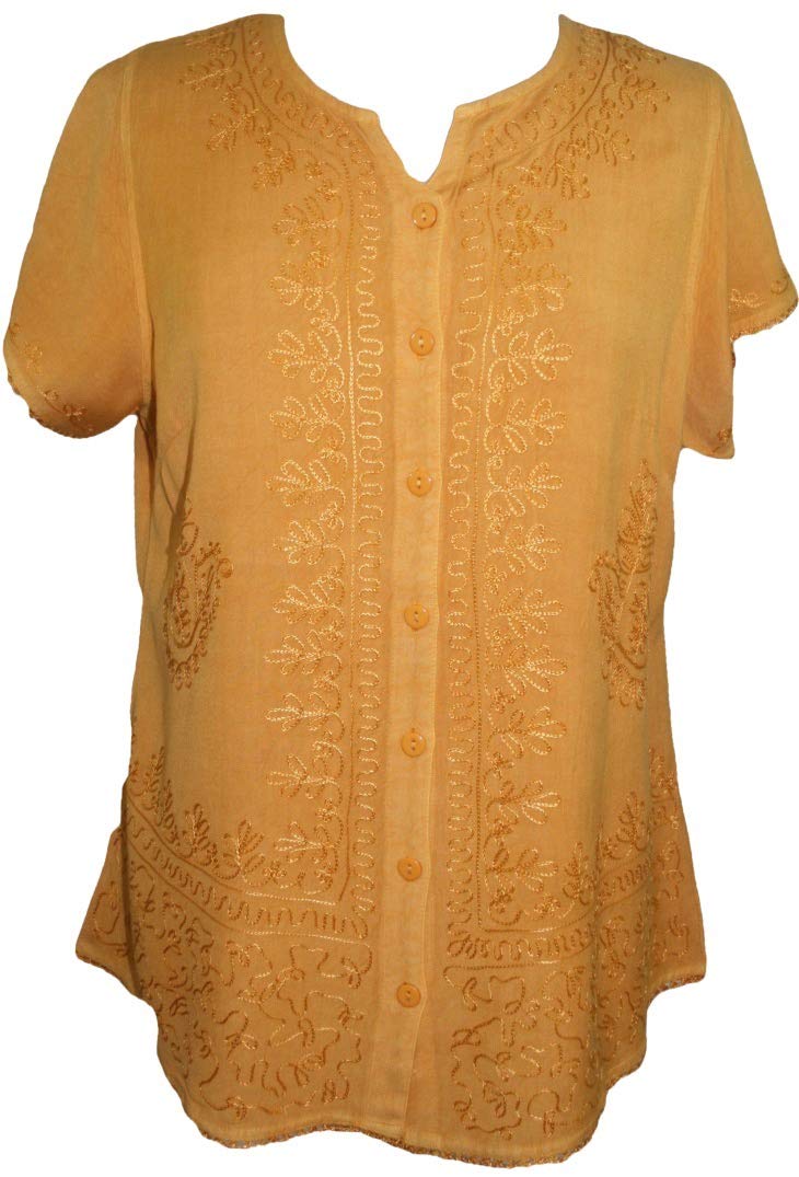 Agan Traders 2025 Spring Women's Bohemian Embroidered Blouse - Lightweight Button Down Cap Sleeve Top | Medieval Style Fashion for Casual Wear, Music Festivals & Vintage Outfits