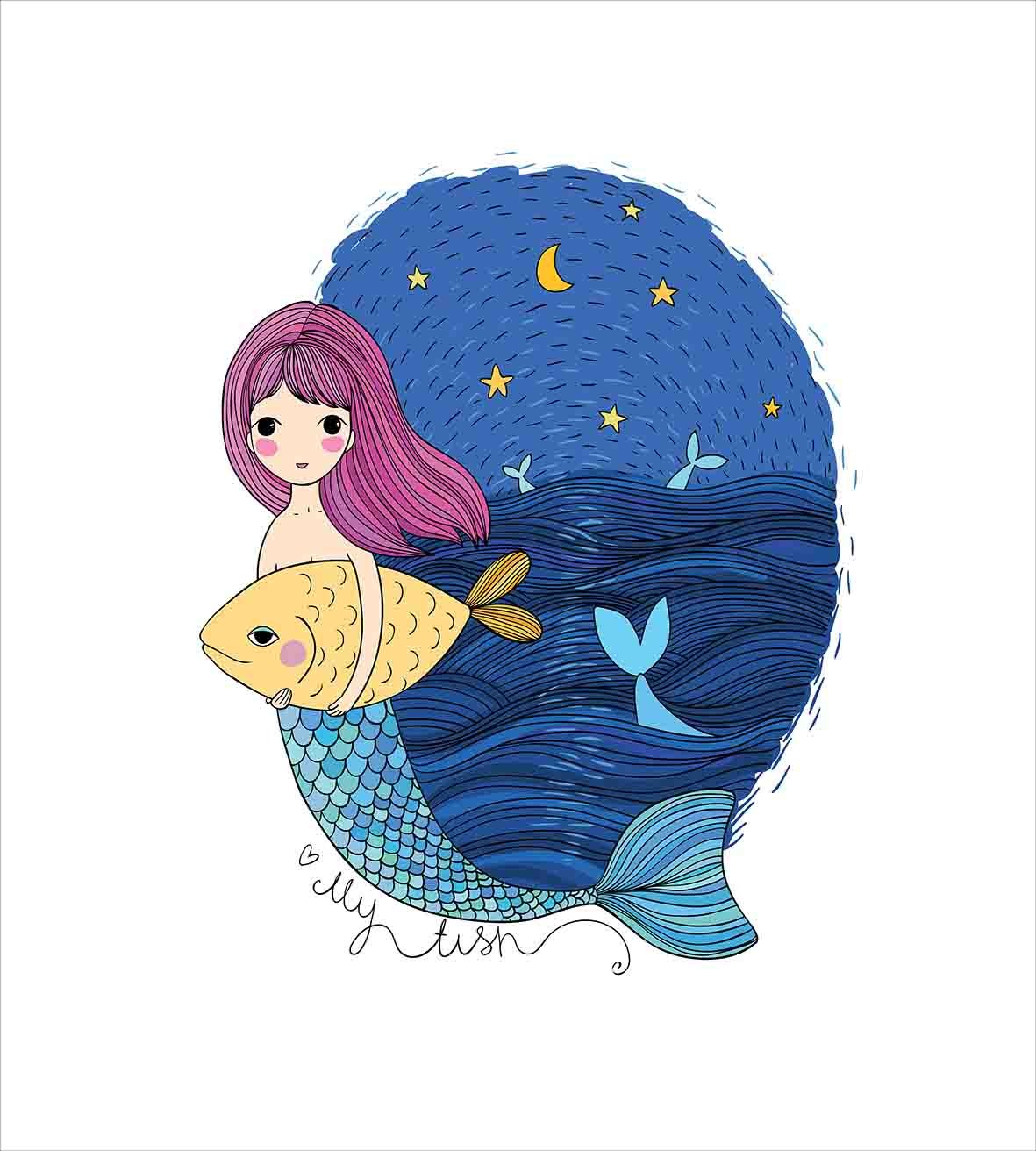 Ambesonne Fantasy Mermaid Duvet Cover Set - Hand Drawn Mermaid Holding Fish Under Starry Night Seascape - 3 Piece King Size Bedding Set with 2 Pillow Shams - Perfect for Coastal Themed Bedrooms & Mermaid Lovers' Dream Decor