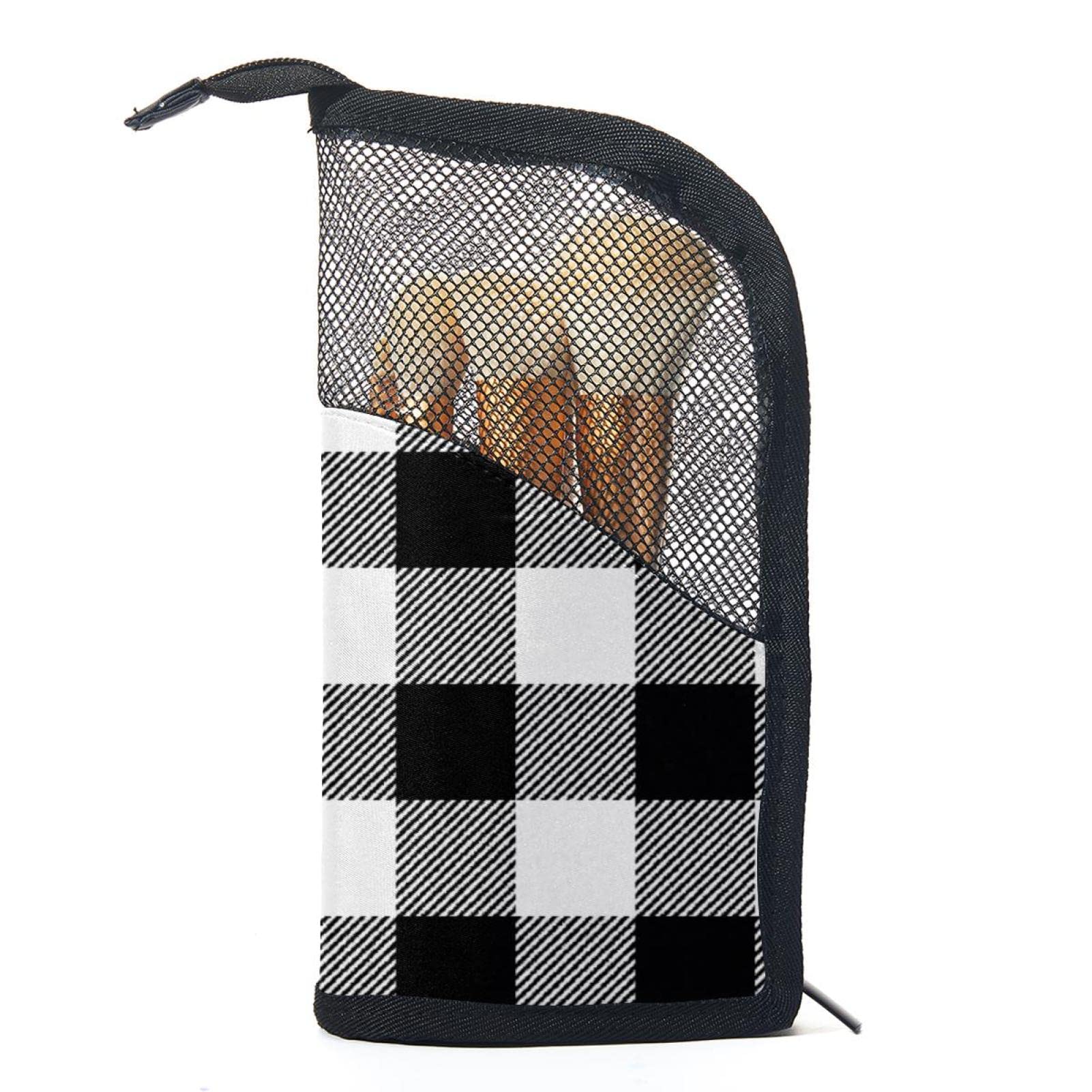 Premium Makeup Brush Organizer Bag with 12 Slots - Grey White Black Plaid Pattern - Portable Travel Cosmetic Brush Holder Case for Professional Makeup Artists & Beauty Enthusiasts - Perfect for Home, Travel & Salon Use