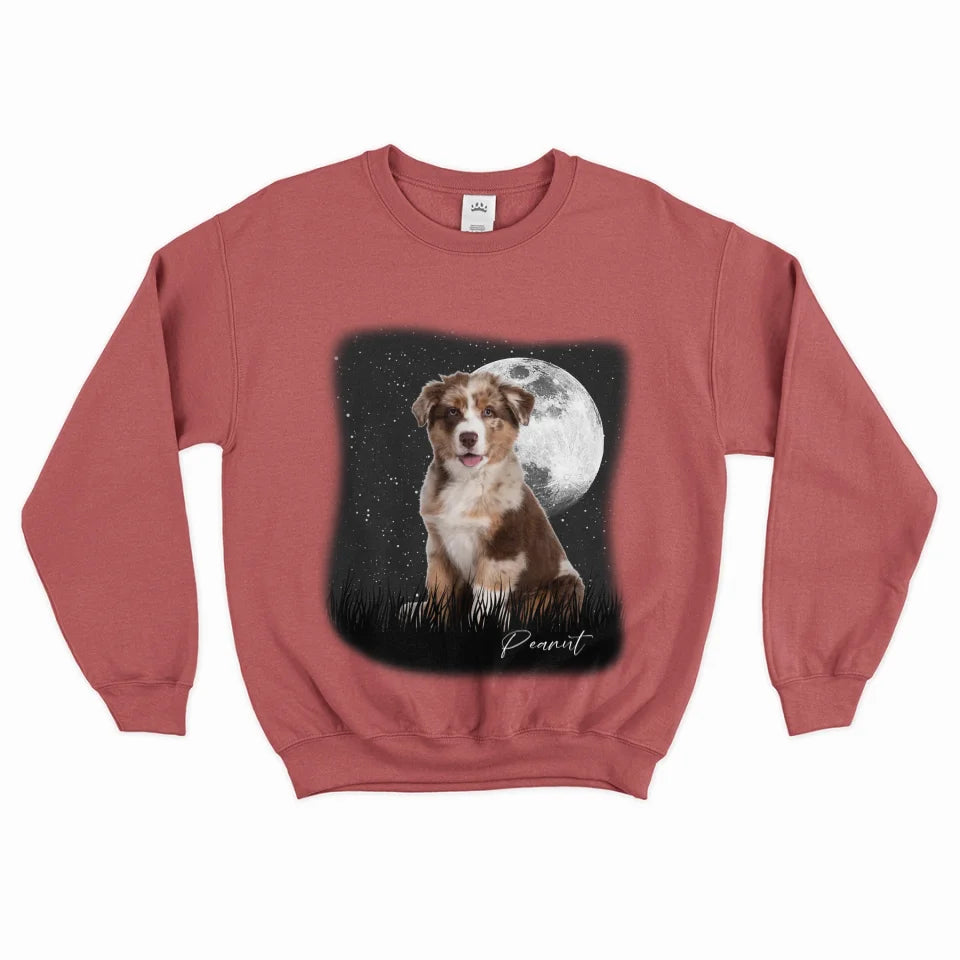 Custom Vintage Full Moon Pet Photo Sweatshirt - Personalized Dog Cat Lover Gift - Cozy Pullover for Family Matching Outfits, Couple Wear & Pet Memorial