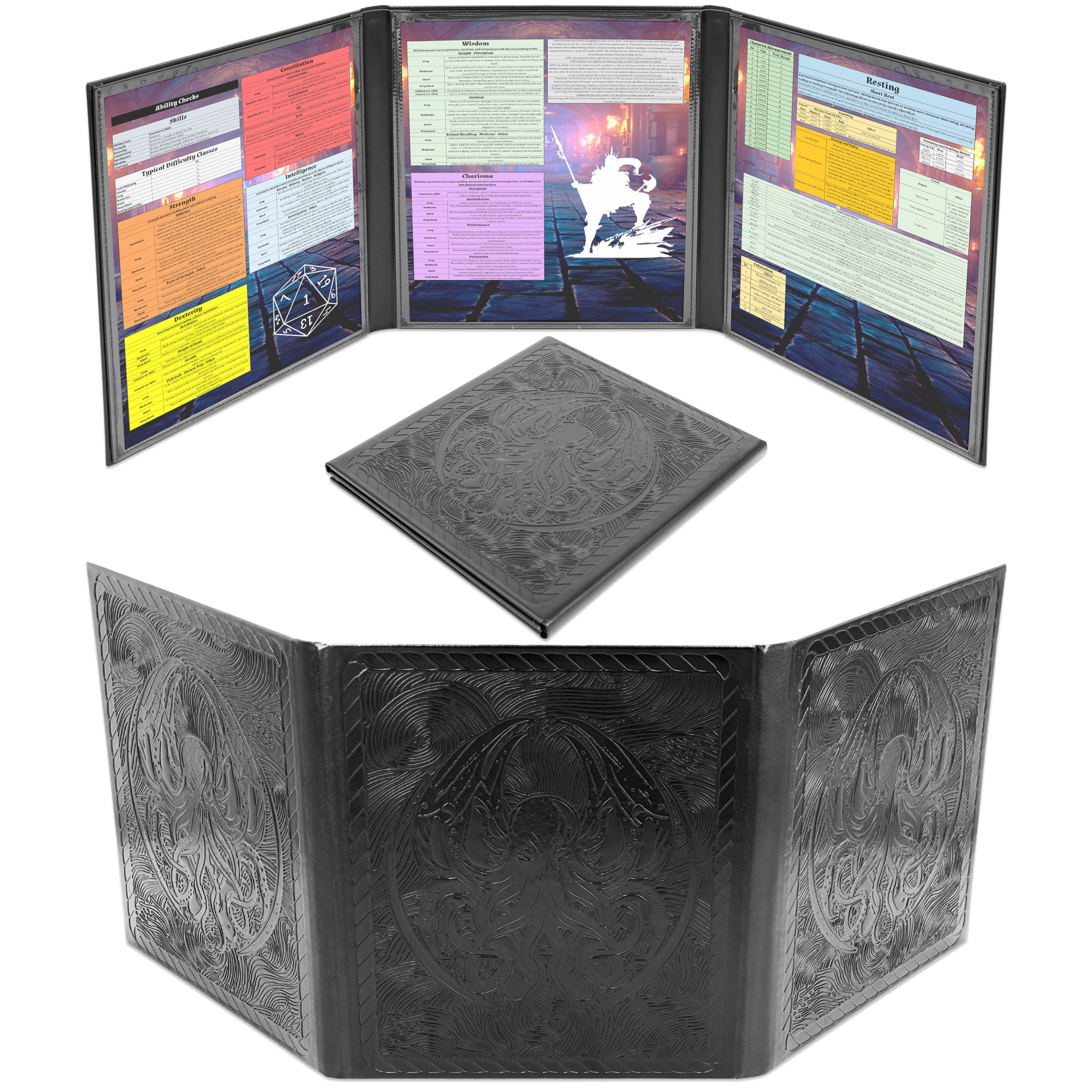 3 Panel Travel DM Screen - Compact PU Leather GM Screen with Clear Pockets & Wet Erase Panels | Portable RPG Campaigns | D&D Game Master Accessories | Tabletop Roleplaying Games | Dungeon Master Tools for Game Sessions