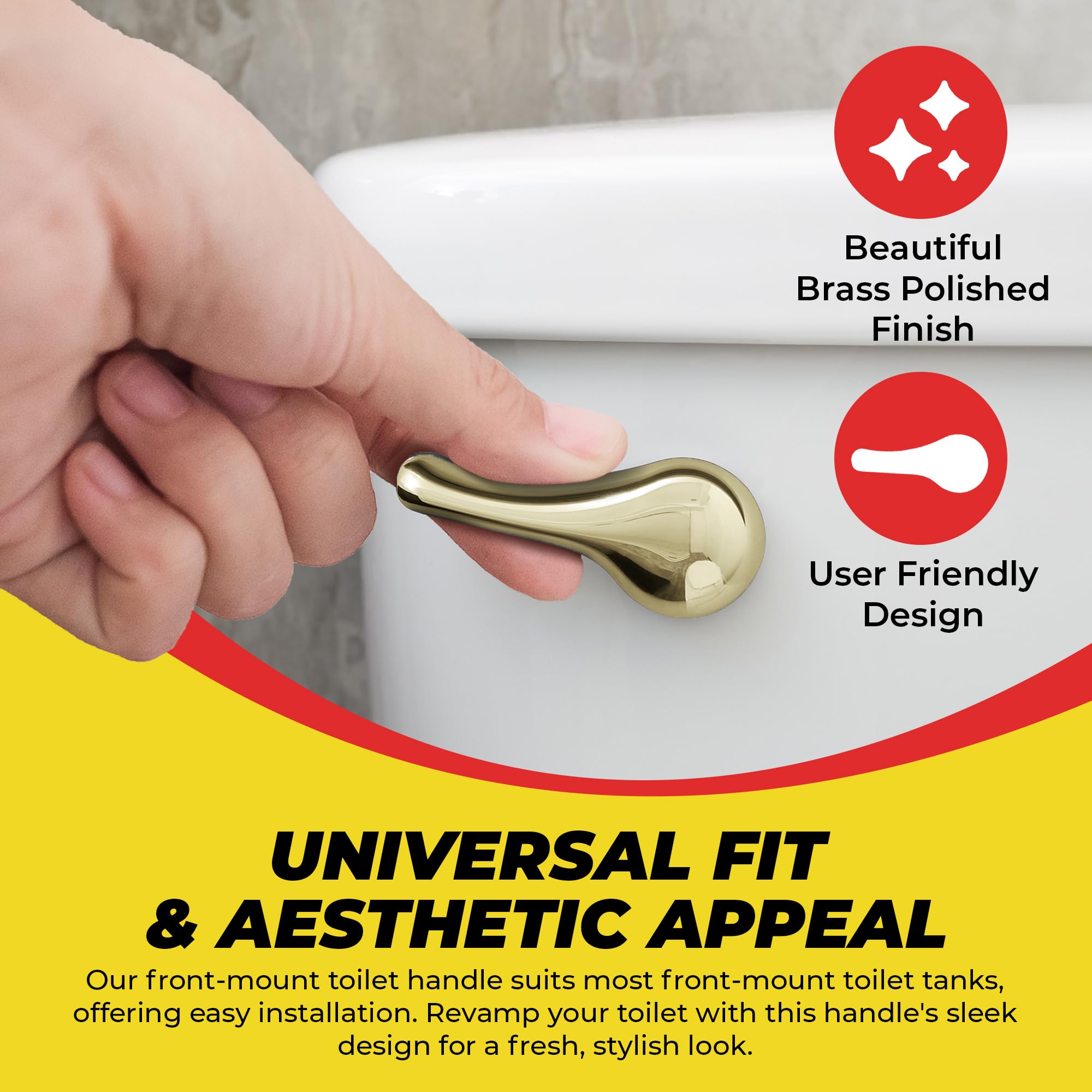 Qualihome Brass Polished Gold Toilet Handle Replacement Kit - 2 Inch Universal Toilet Flapper & Stainless Steel Chain - Perfect for Bathroom Renovation and DIY Toilet Repair