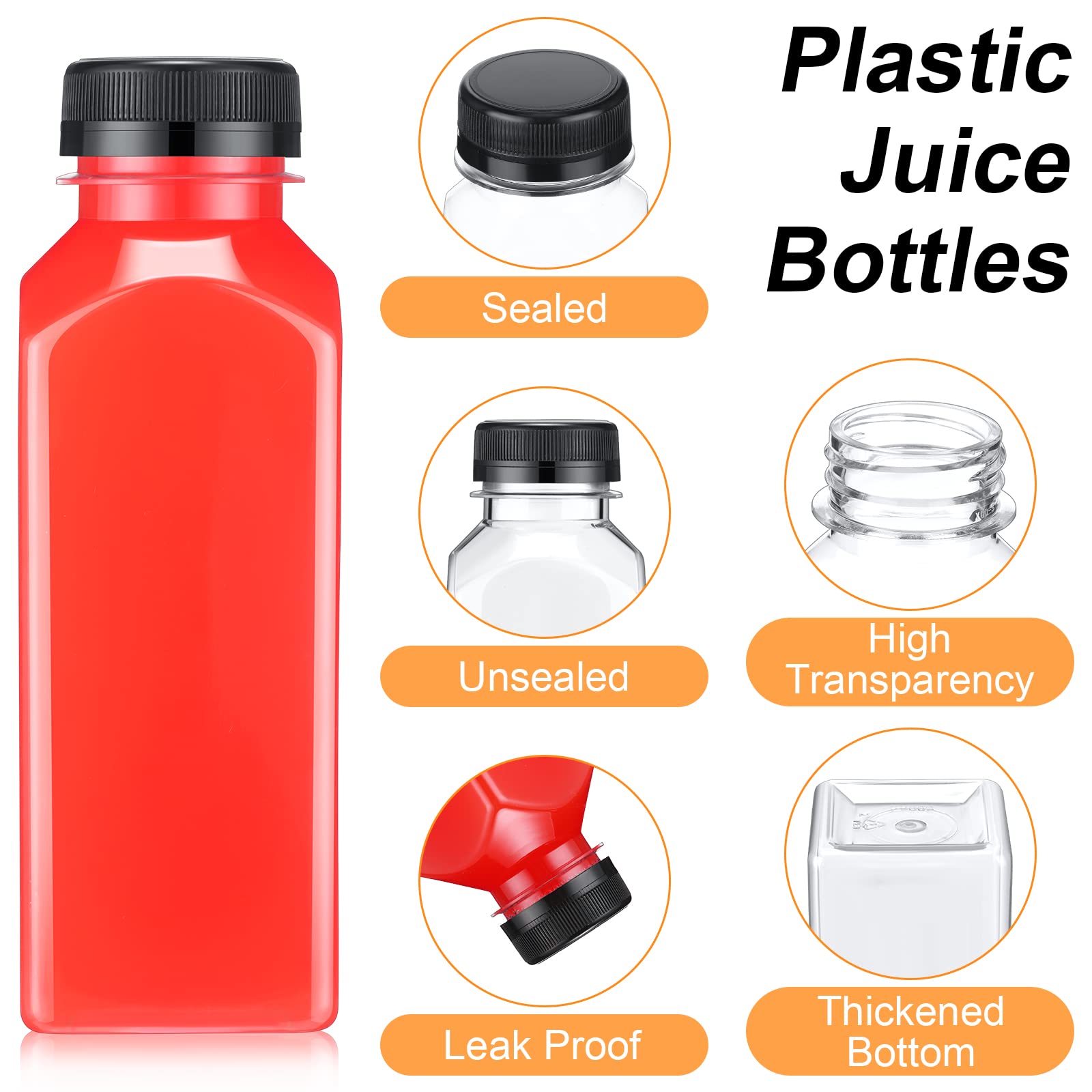 200 Pcs 12oz Black Square Plastic Juice Bottles with Caps - Clear Empty Reusable Drinking Water Bottles Bulk - PET Refillable Beverage Containers for Juicing, Smoothies, Cocktails & Party Drinks