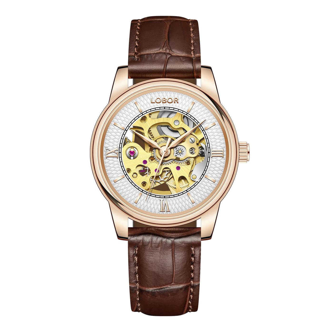 LOBOR Women's 35mm Petite Skeleton Automatic Watch - Stainless Steel Case Vintage Mechanical Watch with Date Window - Perfect for Business, Party & Everyday Wear